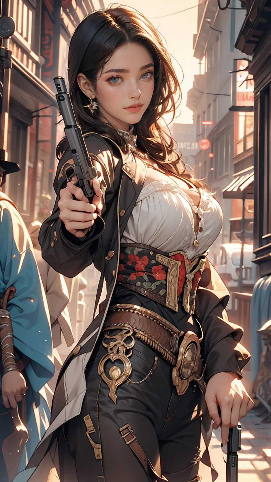 (8K, RAW photos, best quality, masterpiece:1.2), (realistic, photo-realistic:1.3)、26 year old Japanese woman、hair is gray、Eye color is dark blue, high definition face, rich, long wavy hair、My chest sticks out、huge breasts, Sagging breasts due to gravity,Amazing descriptive art,(A work of art depicted precisely in every detail.:1.5),(wild west:1.8), (one female gunman:1.7),confident smile:1.5,Beautiful, well-groomed face:1.6, gun pointing at viewer:1.8