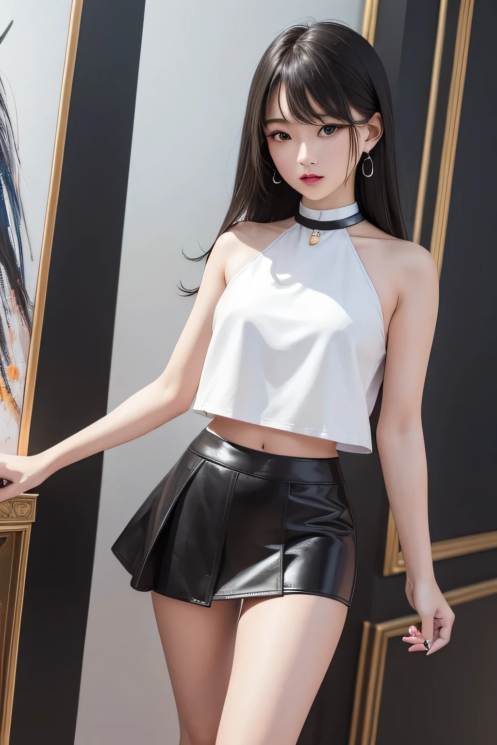 1 girl、long legs,Silver Hair、Dark brown eyes、Shining Eyes、Crop top、mini skirt、Parted lips、1woman wearing trendy clothes, in an abstract oil painting style, fashion show, The painting is ultra-high detailed and has a resolution of 8k, showcasing the best quality and craftsmanship,with a touch of fog, creating a mysterious atmosphere , luminous design, vivit colours,spring lights,Artistic,azure, red, (Bare legs:1.1), (black high heels), black short skirt