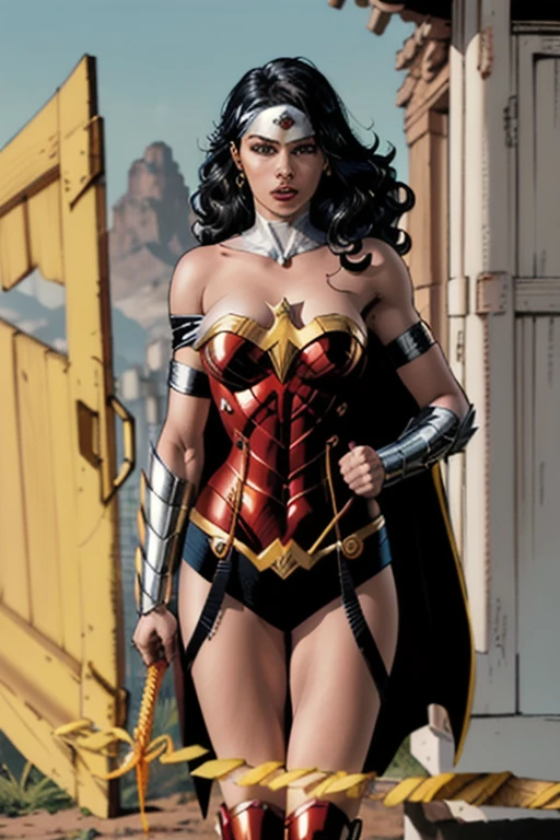 Jim Lee,
1 garota, Mulher Maravilha, Bracelete, cabelo preto, blurry, clamp, Breathing, cape, tiro de vaqueiro, profundidade de campo, containment, containment arma, lasso, olhando para o espectador, parted lips, pomo, realista, reverse adhesion, escudo, saia, neve, neveing, Sozinho, Super heroi, espada, tiara, tonificado, arma, arma behind back
, ((Obra de arte))