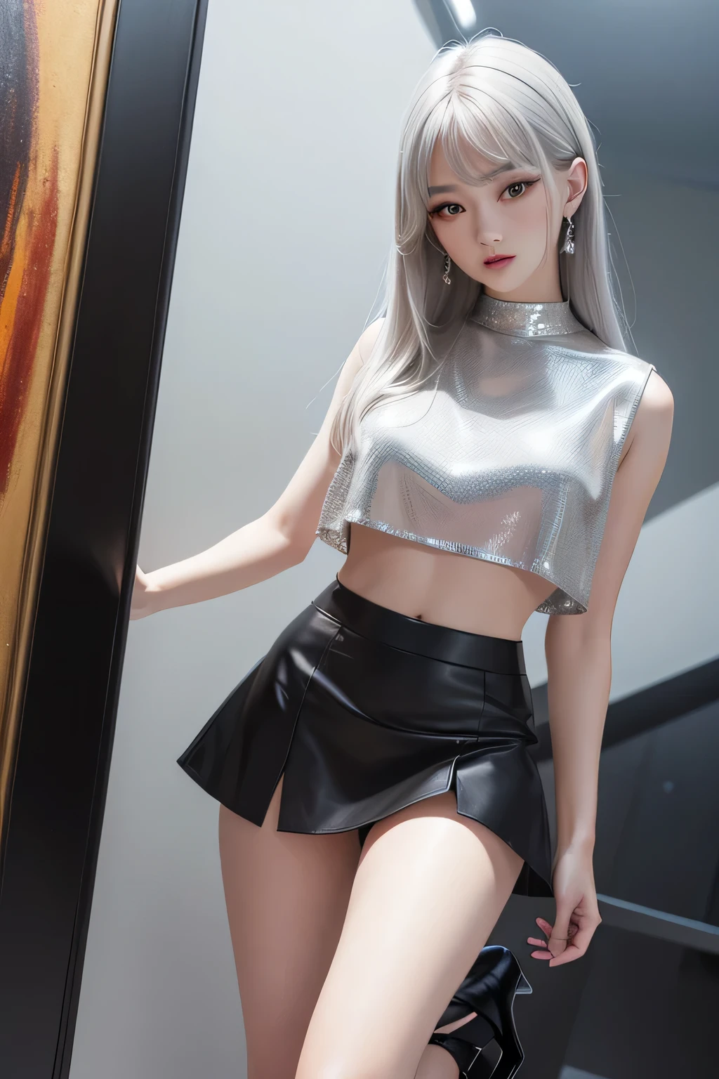 1 girl、long legs,Silver Hair、Dark brown eyes、Shining Eyes、Crop top、mini skirt、Parted lips、1woman wearing trendy clothes, in an abstract oil painting style, fashion show, The painting is ultra-high detailed and has a resolution of 8k, showcasing the best quality and craftsmanship,with a touch of fog, creating a mysterious atmosphere , luminous design, vivit colours,spring lights,Artistic,azure, red, (Bare legs:1.1), (black high heels), black short skirt