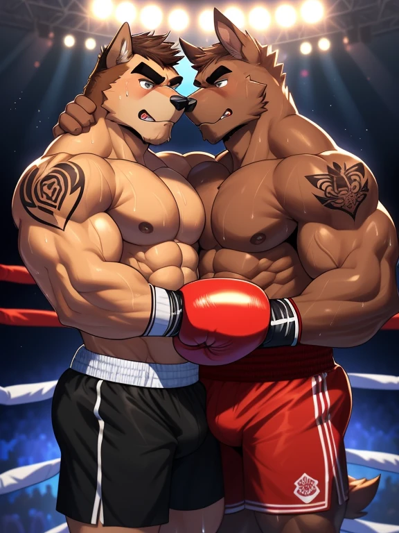 Two male fighters(Brown Dog vs Brown Dog, handsomes, perfect eyes, Thick eyebrows), gay(cuddling embraced, flexing abs, in a boxing match), hot(Both are Shirtless, full body, bulges), handsomes(They are handsomes, correct anatomy), musculosos(Big muscle bodies, Six packs, muscle abs, big pecs, muscle backs), sweaty(very sweaty wet bodies, shiny sweat), tatuajes(they have tattoos), Angry(They have an angry expression),boxing gloves(They both are wearing red boxing gloves), boxers(both are wearing Black boxers), Hight resolution