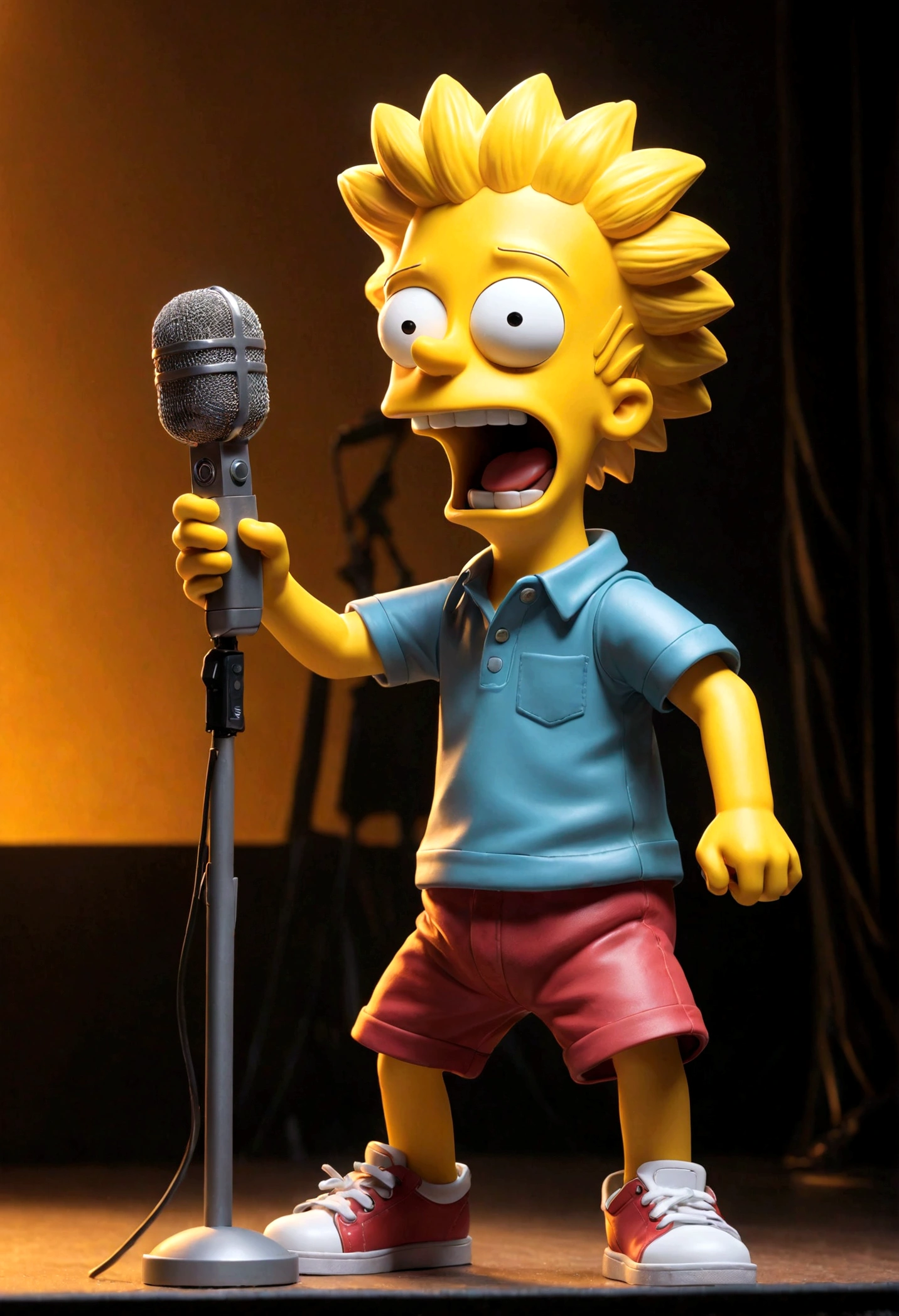 1boy, Bart Simpson, stage, sing, microphone, dynamic pose, best quality, masterpiece, very aesthetic, perfect composition, intricate details, ultra-detailed