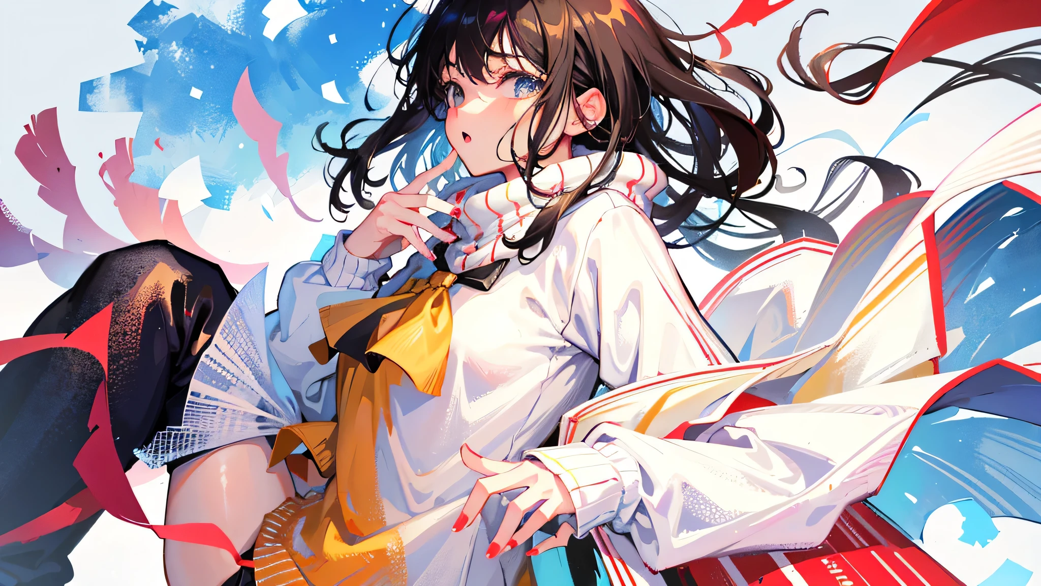 (Realistic painting style:1.0), Masterpiece, Best quality, absurderes, comic strip, illustration,
1 girl, Long hair, Black hair, Cute girl, young and cute girl, Korean girls, {Breasts},
long-sleeves sweater, Wear a long-sleeved sweater, Beige sweater,