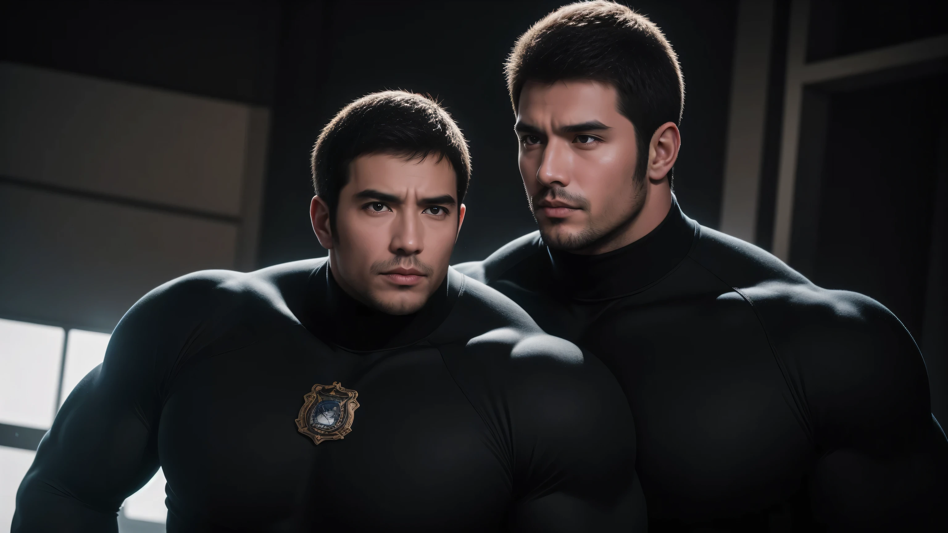 Super muscular man hugging, kissing and caressing, Open mouth and scream,Look at each other affectionately,They hugged each other affectionately,Buzz Cut,In a luxurious and noble mansion, Wear a long-sleeved, high-necked bodysuit, Thickened warm elastic texture,Clothes are very dirty with mud stains,The expression is arrogant, Thick thighs, Messy hair, Thick thighs, High collar long sleeve shallow turtleneck tights, very tight, Regular symmetrical pattern, Highlight muscles, Police uniform pants, character concept(Resident Evil - Chris Redfield, Chris Redfield)A proud expression, Deep and charming eyes, Heroic male pose, tall Burly, muscular!muscular thighs, tough guy, perfect facial features, High, Burly, Heqiang, Super polished and cool, High Resolution Committee, Charismatic, The sun shines through the customers