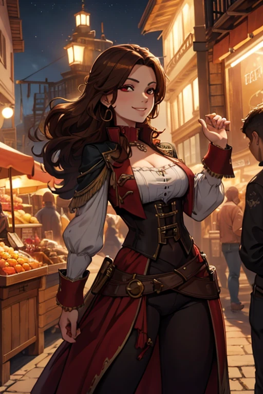 A brown haired woman with red eyes with an hourglass figure in a pirate's outfit is  smiling while leaning forward in the market at a pirate city at night 