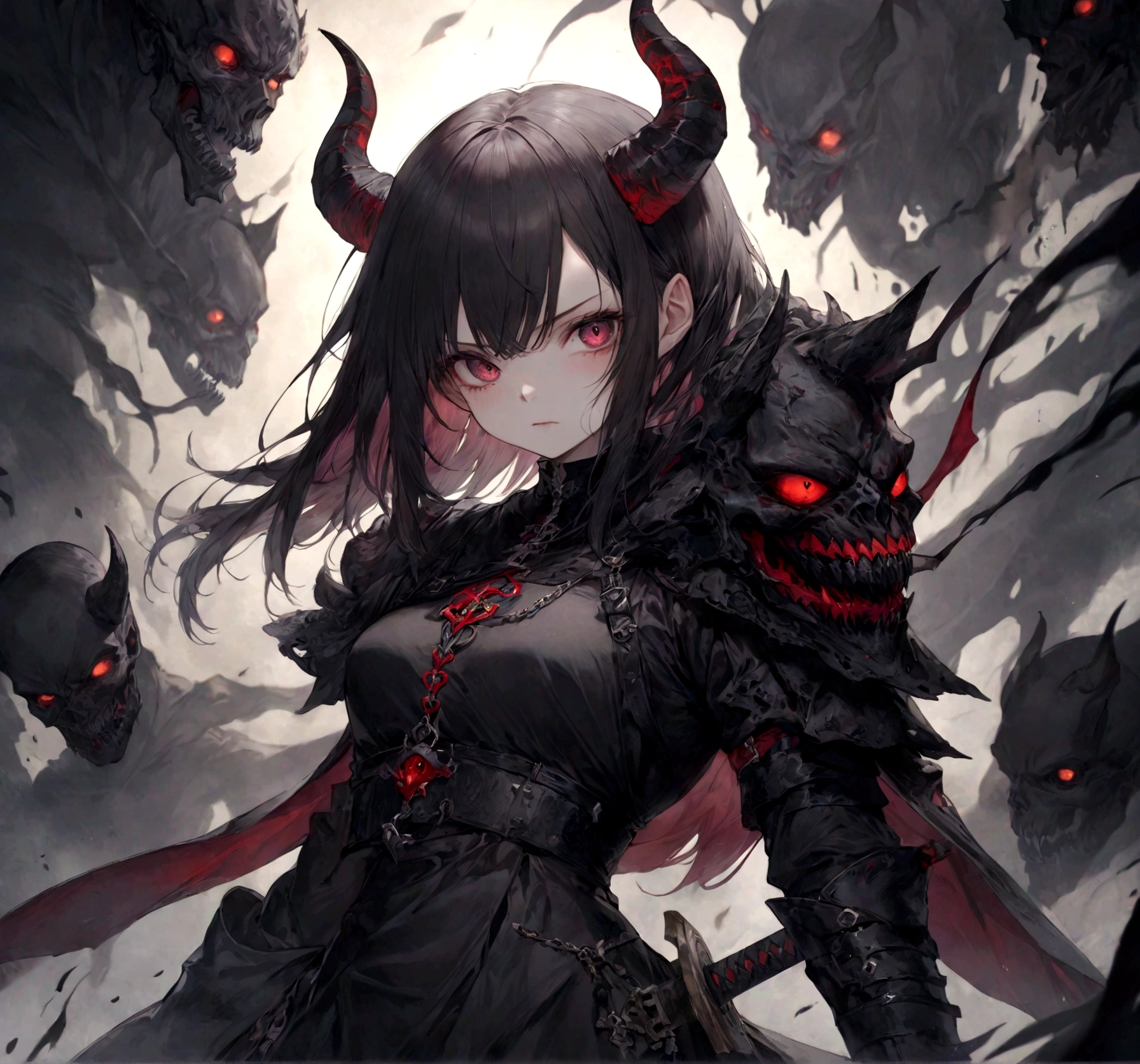 demon girl, close up, black heavy detailed clothes, art, dark and malevolent,armor, powerful and intimidating, (masterpiece, best quality, ultra-detailed, best shadow), (detailed background, dark fantasy) dramatic light, intricate details, dark and malevolent, powerful and intimidating, Dark and foreboding, malevolent force, sinister and chilling, armor, high detailed background, girl in demon slayer art, demon slayer art style, epic anime art, God pretty girl of death