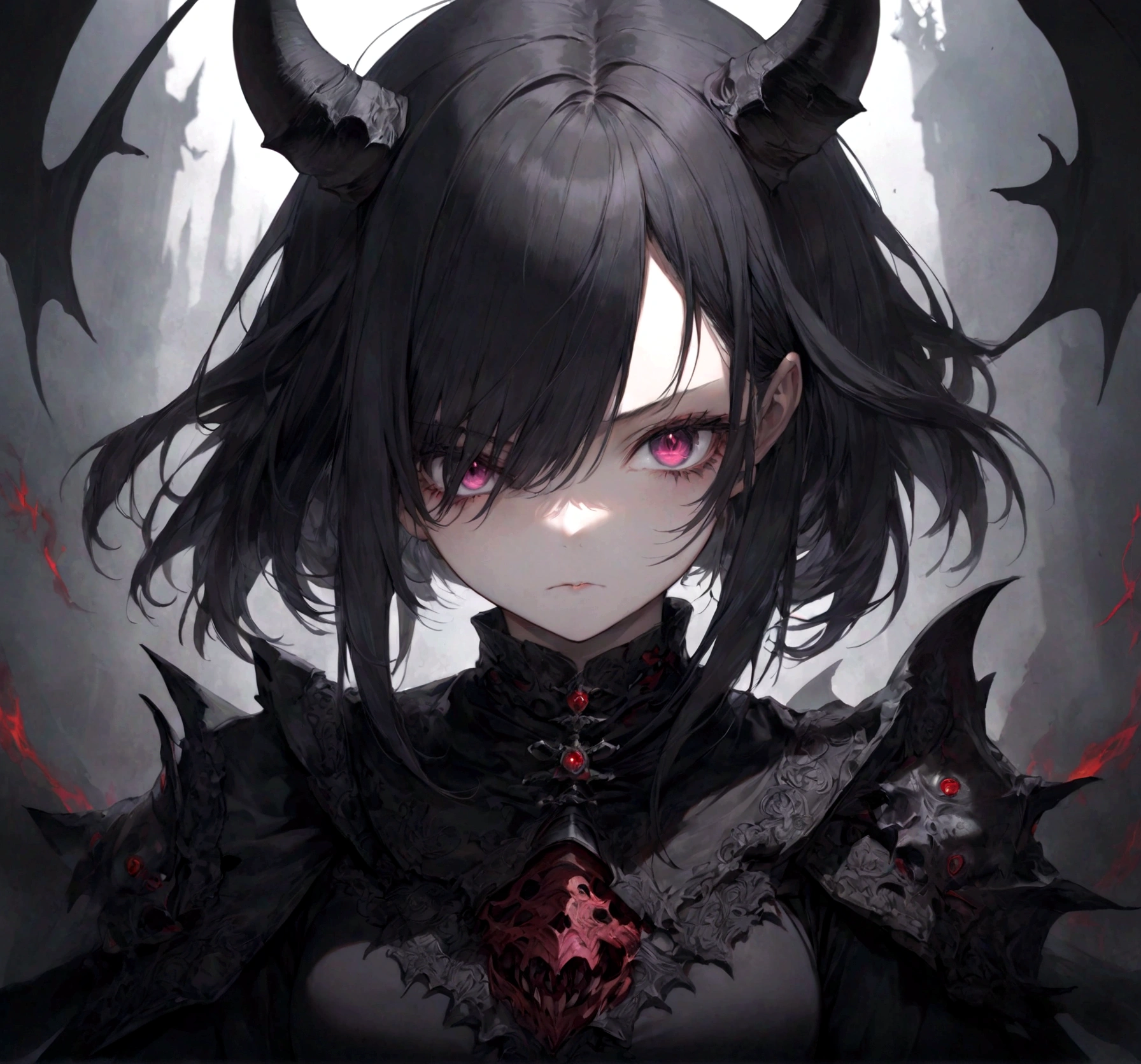 demon girl, close up, black heavy detailed clothes, art, dark and malevolent,armor, powerful and intimidating, (masterpiece, best quality, ultra-detailed, best shadow), (detailed background, dark fantasy) dramatic light, intricate details, dark and malevolent, powerful and intimidating, Dark and foreboding, malevolent force, sinister and chilling, armor, high detailed background, girl in demon slayer art, demon slayer art style, epic anime art, God pretty girl of death