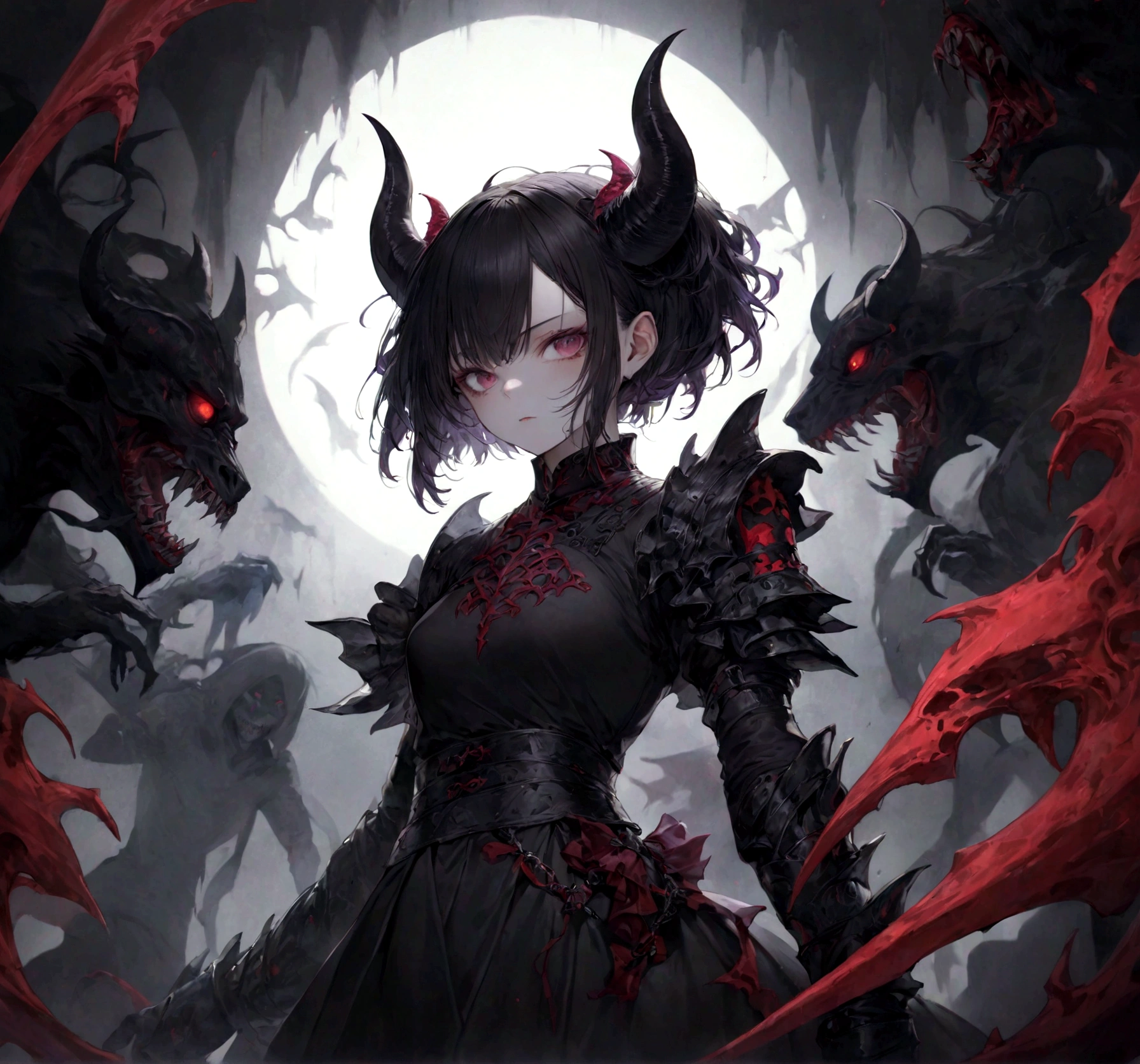 demon girl, close up, black heavy detailed clothes, art, dark and malevolent,armor, powerful and intimidating, (masterpiece, best quality, ultra-detailed, best shadow), (detailed background, dark fantasy) dramatic light, intricate details, dark and malevolent, powerful and intimidating, Dark and foreboding, malevolent force, sinister and chilling, armor, high detailed background, girl in demon slayer art, demon slayer art style, epic anime art, God pretty girl of death