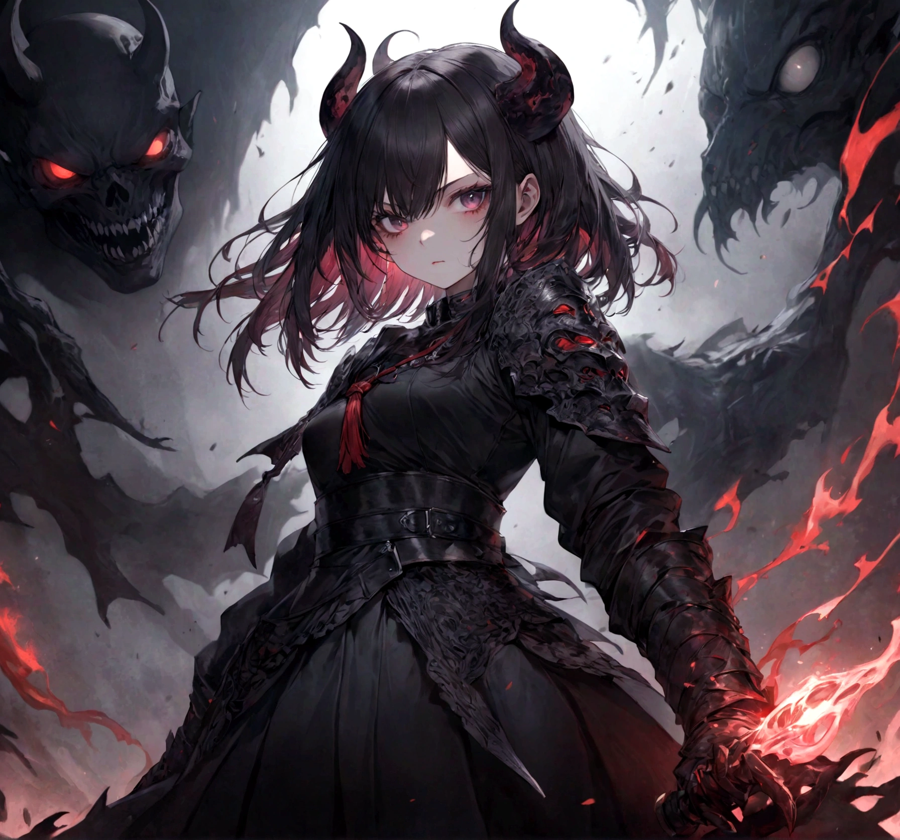 demon girl, close up, black heavy detailed clothes, art, dark and malevolent,armor, powerful and intimidating, (masterpiece, best quality, ultra-detailed, best shadow), (detailed background, dark fantasy) dramatic light, intricate details, dark and malevolent, powerful and intimidating, Dark and foreboding, malevolent force, sinister and chilling, armor, high detailed background, girl in demon slayer art, demon slayer art style, epic anime art, God pretty girl of death