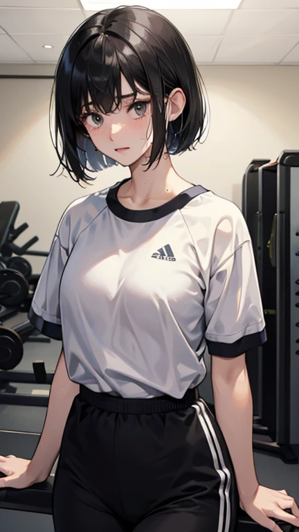 Bobcut、Black-haired 、Sweating at the gym、Desperate form、Sweaty、indoor、Other guests、Wearing a jersey、No exposure