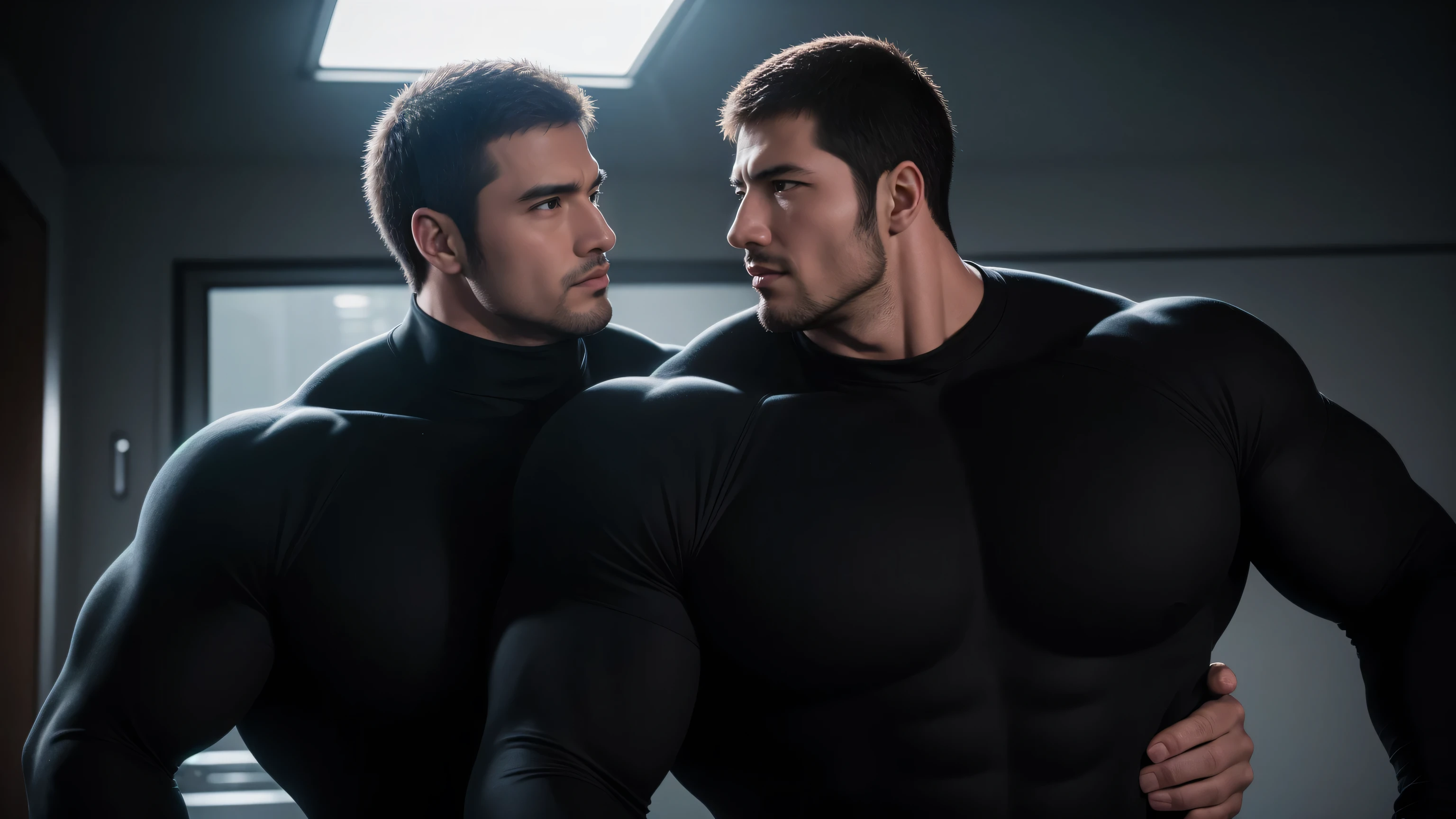 Super muscular man hugging, kissing and caressing, Open mouth and scream,Look at each other affectionately,They hugged each other affectionately,Buzz Cut,In a luxurious and noble mansion, Wear a long-sleeved, high-necked bodysuit, Thickened warm elastic texture,Clothes are very dirty with mud stains,The expression is arrogant, Thick thighs, Messy hair, Thick thighs, High collar long sleeve shallow turtleneck tights, very tight, Regular symmetrical pattern, Highlight muscles, Police uniform pants, character concept(Resident Evil - Chris Redfield, Chris Redfield)A proud expression, Deep and charming eyes, Heroic male pose, tall Burly, muscular!muscular thighs, tough guy, perfect facial features, High, Burly, Heqiang, Super polished and cool, High Resolution Committee, Charismatic, The sun shines through the customers
