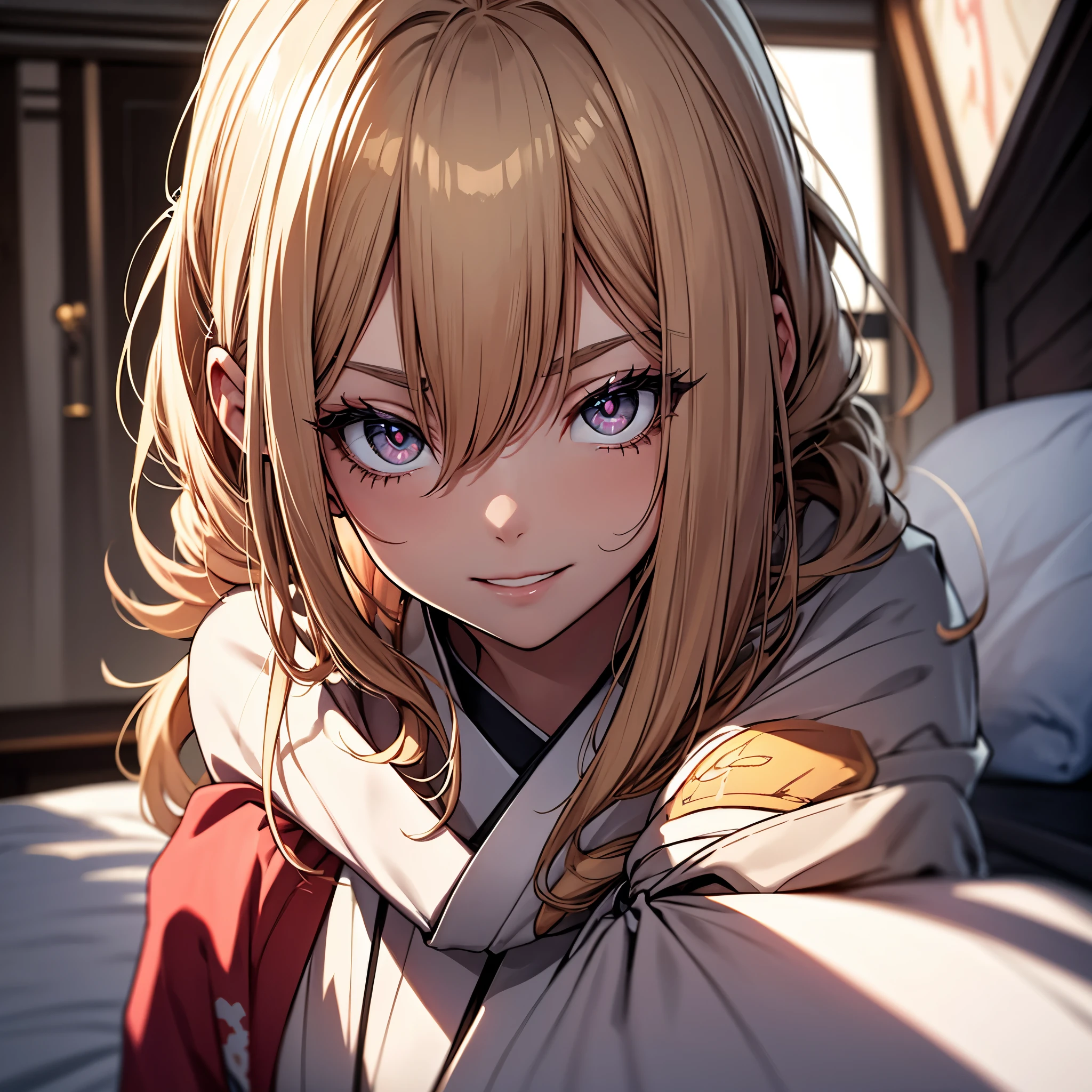 (1girl:1.3), Masterpiece, Best quality, amazing beauty, [[3D]], 4K, absurdres, finely detail, super detailed eye, perfect anatomy, official art, cinematic lighting, BREAK, Japanese bedroom, long wave hair, blond, super shiny detailed black eyes, big eyes, tareme, cute eyes, thin eyebrow, Staring, open-mouth, thin lips, smirk, mascara, rouge, Eyeliner, pink lips, smile, BREAK, huge breasts, tall, slim, tanlines, (lying on bed:1.3), shoot from above, BREAK ,(gorgeous kimono:1.2), 35mm lens f/1