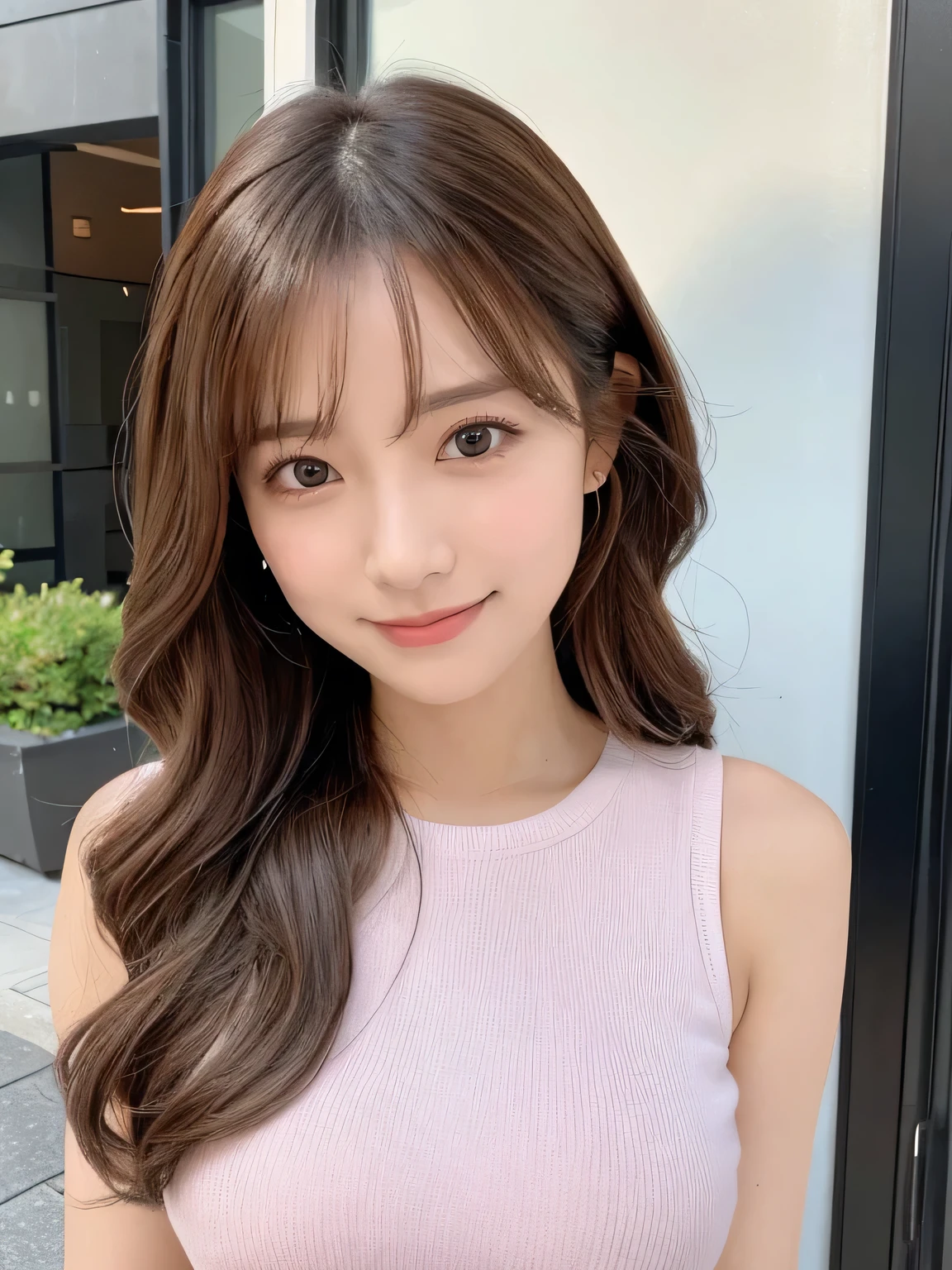 Realistic:1.2,masterpiece,highest quality，98k,((One Woman)),20-year-old,Japanese women、Tight waist,Perfect Anatomy, Brown Hair, Wavy Hair,Random Hairstyles,Big beautiful breasts,((Fully detailed face and eyes:1.2))((Cute Face:1.2))，Random Pause，smile、Pink mini skirt、Full Body Shot,Natural Face,Big Breasts,The valley is visible