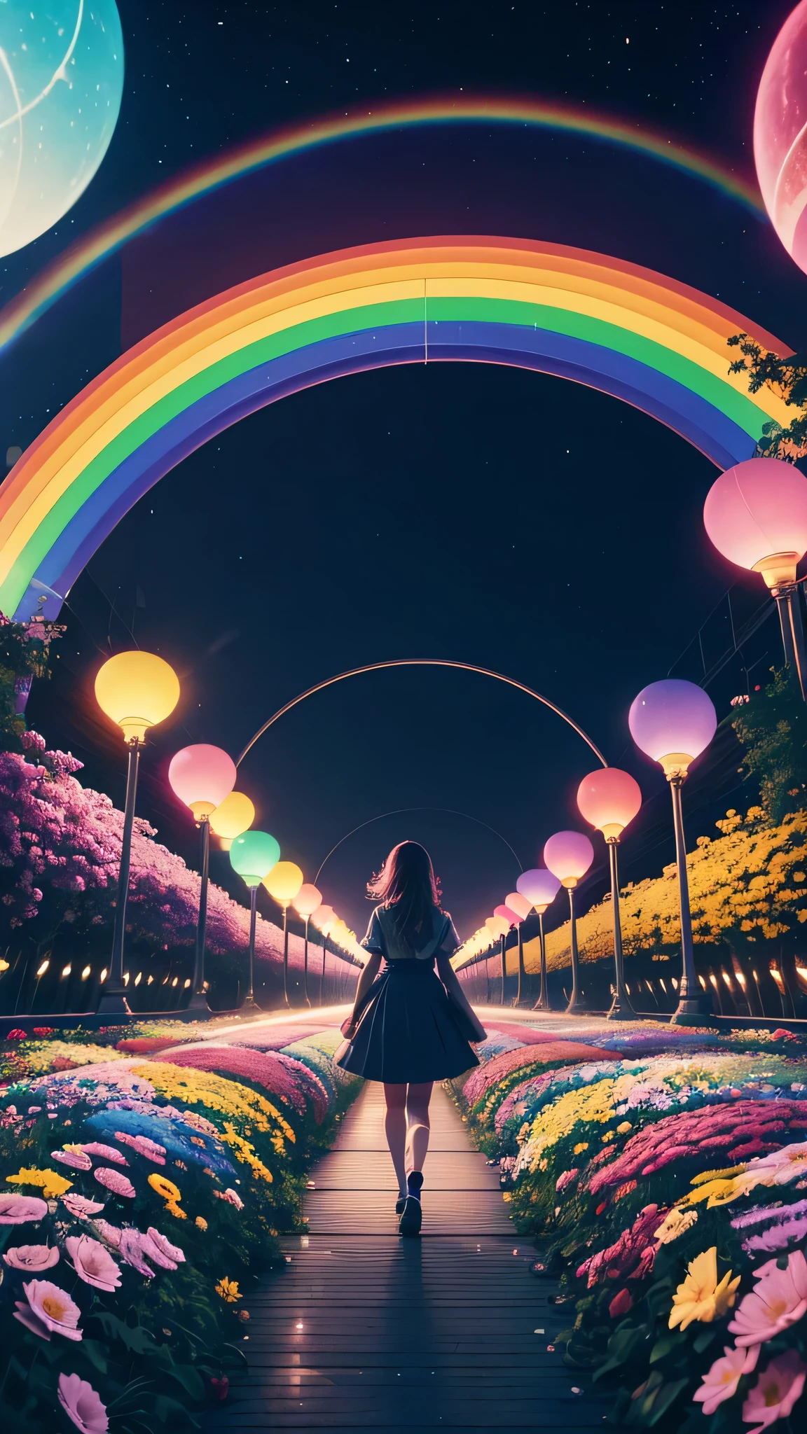 Dreamcore scene of a girl walking on a rainbow bridge, between day and night, surrounded by floating clocks and flowers, in a surreal world, vibrant and whimsical atmosphere, soft pastel lighting creating a dreamy effect, professional photography, cinematic, high quality,