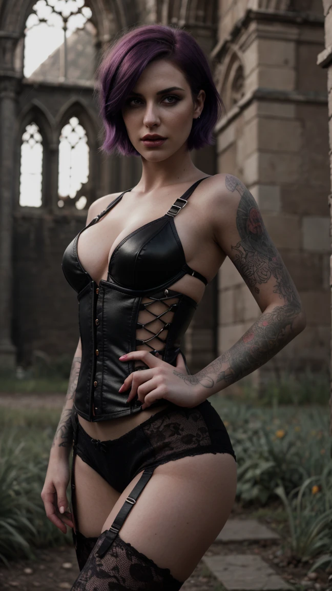 beautiful tattooed gothic girl, blonde, full body, fully dressed, short hair sides shaved, in purple leather outfit, (in a British victorian age cemetery:1.2), tattooed, black makeup ,((slim, petite)), photorealistic, photo, masterpiece, realistic, realism, photorealism, high contrast, photorealistic digital art trending on Artstation 8k HD high definition detailed realistic, detailed, skin texture, hyper detailed, realistic skin texture, armature, best quality, ultra high res, (photorealistic:1.4),, high resolution, detailed, raw photo, sharp re, by lee jeffries nikon d850 film stock photograph 4 kodak portra 400 camera f1.6 lens rich colors hyper realistic lifelike texture dramatic lighting unrealengine trending on artstation cinestill 800,