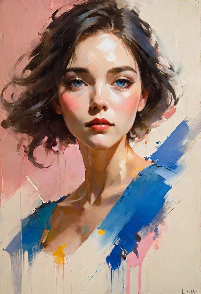 Create a contemporary portrait of a person in the expressive and painterly style of Malcolm Liepke, utilizing a palette of light pink, muted blue, dark grayish blue, bright blue, very dark gray, and light grayish blue. The portrait should feature a close-up of the subject's face with strong, dynamic brushstrokes and a focus on capturing the depth and texture characteristic of Liepke's work. Use light pink and bright blue for the highlights and vibrant areas, while employing muted blue, dark grayish blue, very dark gray, and light grayish blue to create shadows and depth. Ensure the background complements the portrait with subtle variations of the same color palette, evoking a sense of modern elegance and emotional intensity