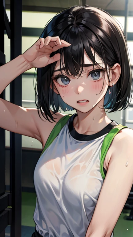 Bobcut、Black-haired 、Sweating at the gym、Desperate form、Sweaty、indoor、Many other guests、Wearing a jersey、No exposure、in motion、Grit your teeth