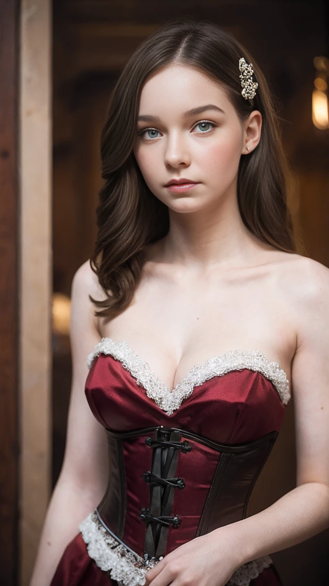 Emma Myers, a beautiful young woman, 1girl, detailed face, beautiful eyes, long wavy hair, pale skin, makeup, corset, cleavage, detailed clothing, highly detailed, hyper realistic, 8k, cinematic lighting, award winning photograph, intricate details, masterpiece, photorealistic, dramatic