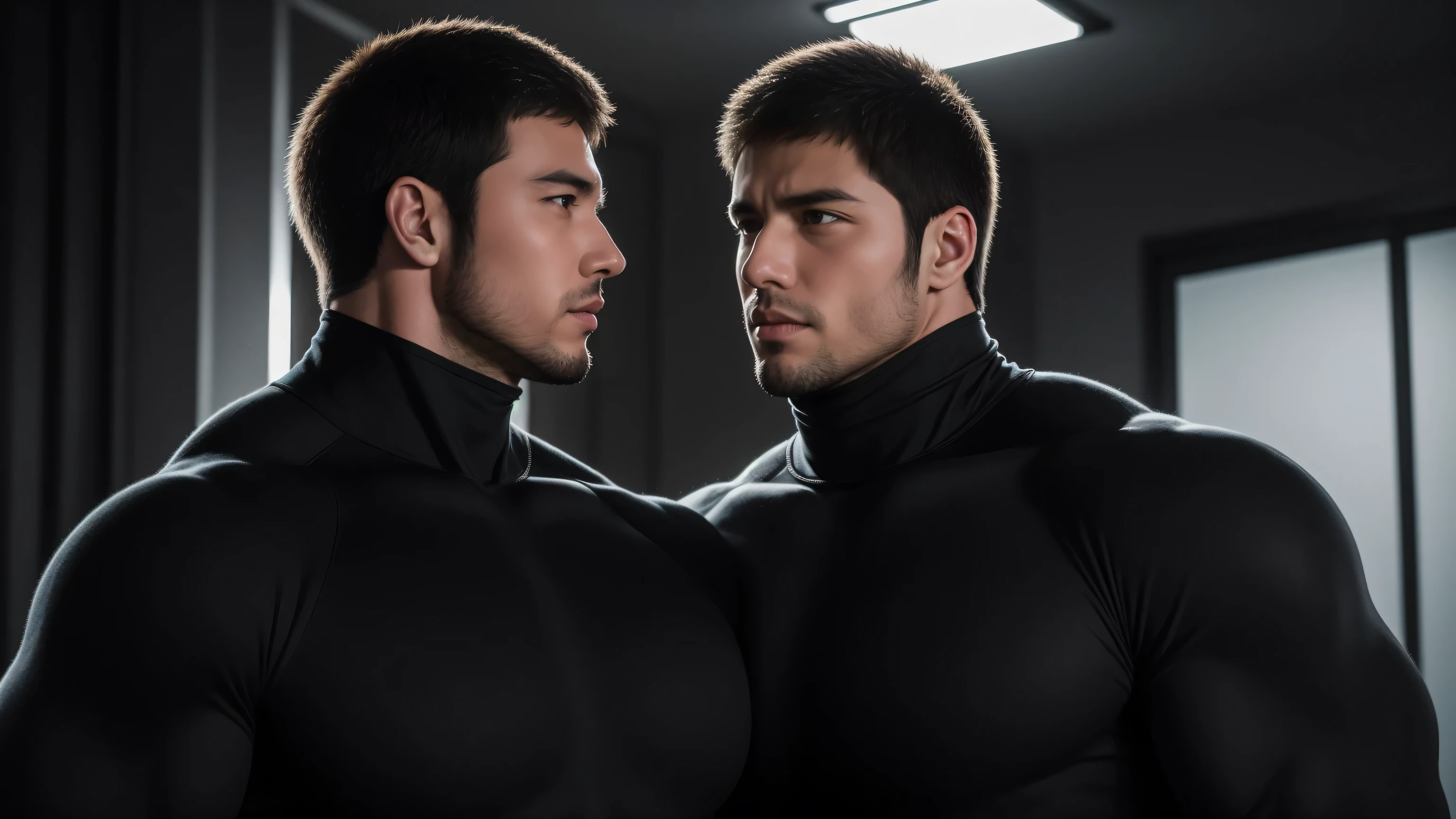 Super muscular man hugging, kissing and caressing, Open your mouth and scream,Look at each other affectionately,They hugged each other affectionately,Buzz Cut,In a luxurious and noble mansion, Wear a dark khaki turtleneck with long sleeves, Thickened warm elastic texture,They look happy,Open your mouth,The expression is arrogant, Thick thighs, Messy hair, Thick thighs, Turtleneck Long Sleeve Dark Khaki Turtleneck Bodysuit, very tight, Regular symmetrical pattern, Highlight muscles, Police uniform pants, character concept(Resident Evil - Chris Redfield, Chris Redfield)A proud expression, Deep and charming eyes, Heroic male pose, tall Burly, muscular!muscular thighs, tough guy, perfect facial features, High, Burly, Heqiang, Super polished and cool, High Resolution Committee, Charismatic, The sun shines through the customers