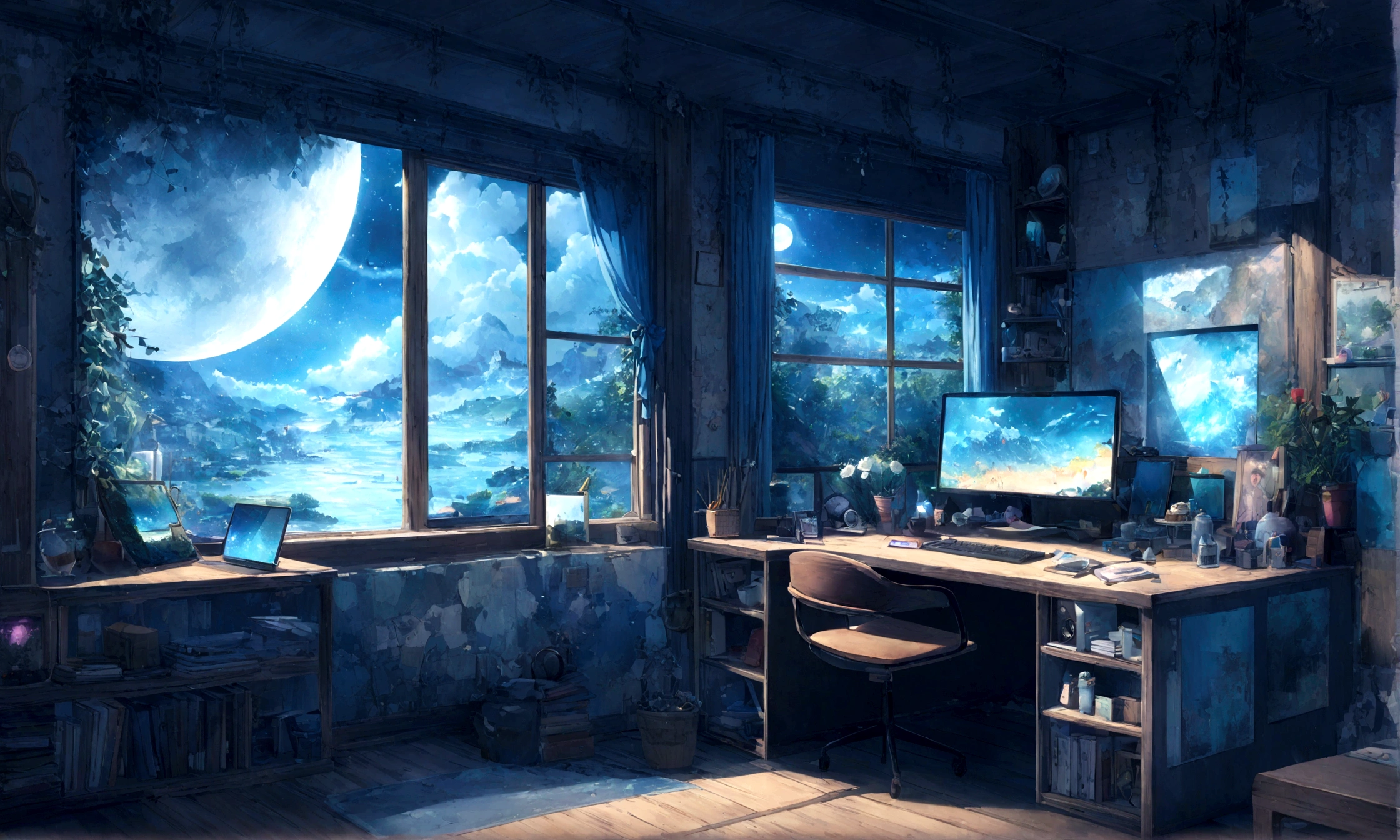 on the desk、No people、Tablet、liquid crystal、moon、PC Monitor、liquid crystalTablet、smartphone、wall、Dark atmosphere、Blue Neon、Blue Star、Vocal Microphone、headphone、Large windows、scenery、white flowers and a laptop on a desk in front of a window, a digital painting inspired by Uragami Gyokudō, pixiv contest winner, magical realism, magic lab background, magical background, background art, personal room background, random background scene, anime background art, cozy cafe background, fairy tale style background, background artwork, mobile game background