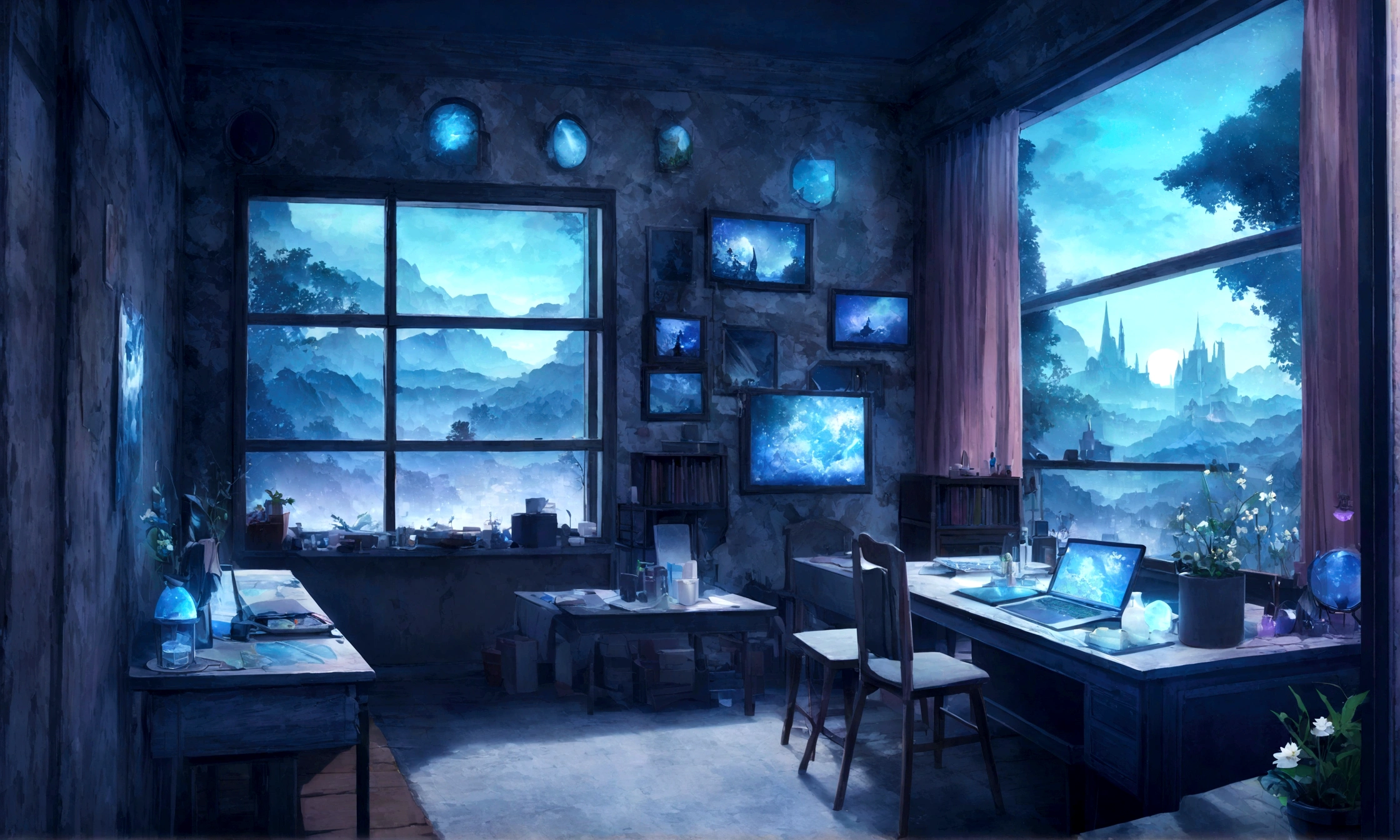 on the desk、No people、Tablet、liquid crystal、moon、PC Monitor、liquid crystalTablet、smartphone、wall、Dark atmosphere、Blue Neon、Blue Star、Vocal Microphone、headphone、Large windows、scenery、white flowers and a laptop on a desk in front of a window, a digital painting inspired by Uragami Gyokudō, pixiv contest winner, magical realism, magic lab background, magical background, background art, personal room background, random background scene, anime background art, cozy cafe background, fairy tale style background, background artwork, mobile game background