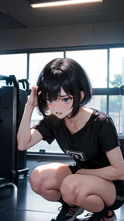 Bobcut、Black-haired 、Sweating at the gym、Desperate form、Sweaty、indoor、Many other guests、Composition from below、Plain white panties、in motion、Grit your teeth、Squat、With legs wide open