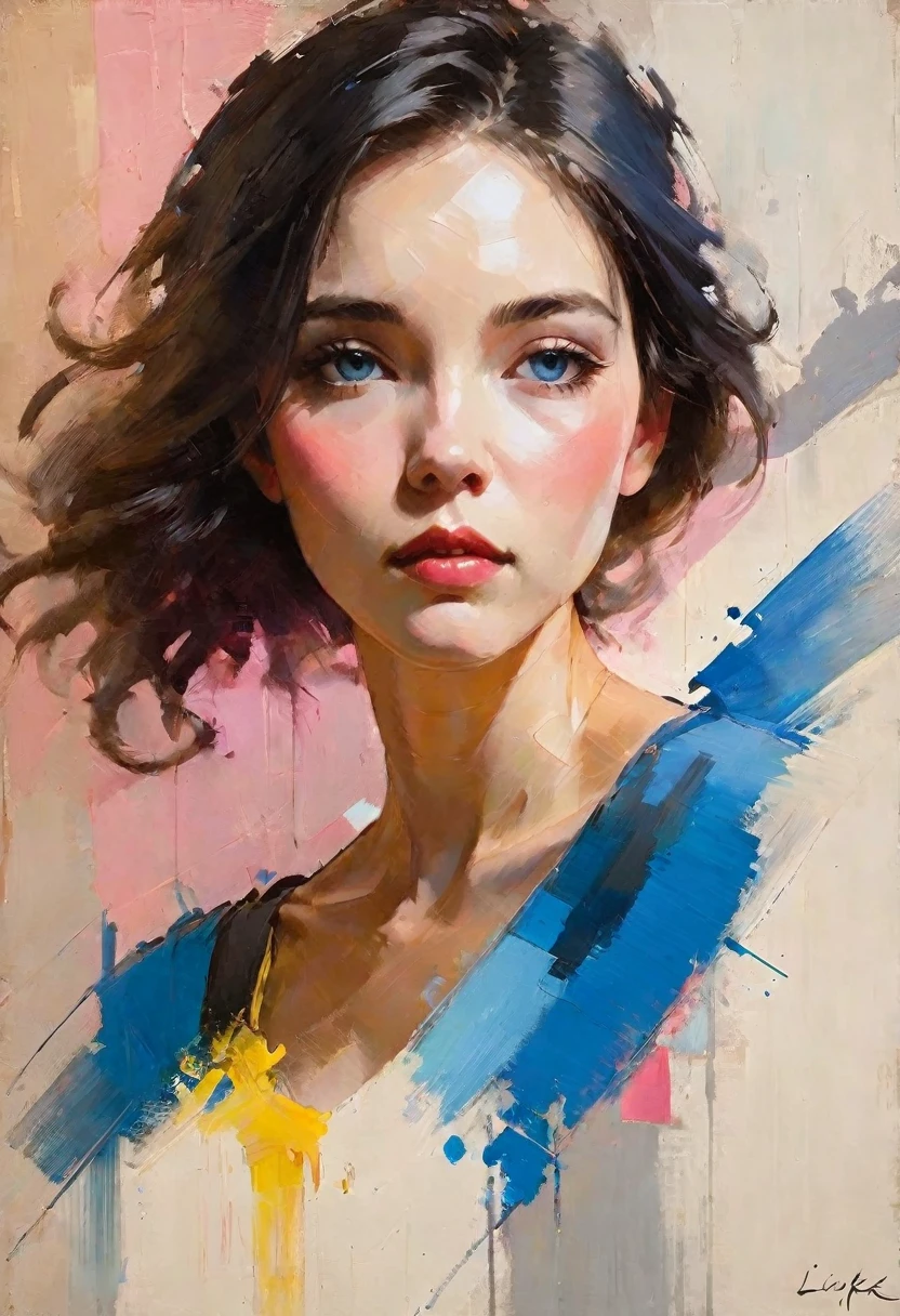 Create a contemporary portrait of a person in the expressive and painterly style of Malcolm Liepke, utilizing a palette of light pink, muted blue, dark grayish blue, bright blue, very dark gray, and light grayish blue. The portrait should feature a close-up of the subject's face with strong, dynamic brushstrokes and a focus on capturing the depth and texture characteristic of Liepke's work. Use light pink and bright blue for the highlights and vibrant areas, while employing muted blue, dark grayish blue, very dark gray, and light grayish blue to create shadows and depth. Ensure the background complements the portrait with subtle variations of the same color palette, evoking a sense of modern elegance and emotional intensity