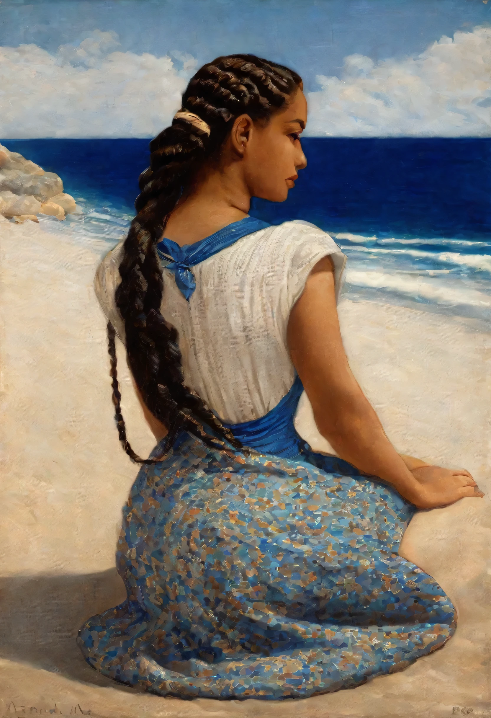 painting of a woman sitting on a beach with her back to the camera, she has two braids in her hair, e vestido azul, estilo Alfredo Ramos Martinez, mulher com cabelo preto, magrita pura. detalhado, olhando por cima do ombro,