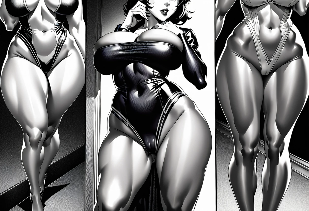 monochromatic drawing, photorealistic, hyperrealism, adult manga panel, impact frame, monochrome, by leyendecker, by gil elvgreen, emotional scene, solo, dark skin, light hair, jazz age streamline, big gigantic hips, hyper thighs, narrow waist, hyper legs, big breasts, small waist, long legs, thin waist, big calves, wasp waist, thick calves, thin sillhouette, thick lips, ab etching, skinny silhouette, good hands, intricate, high detail, reflective leg sleeves, stylish 1930s outfit, detailed face, detailed background, composition, angle, turned, close-up, seductive look, tease