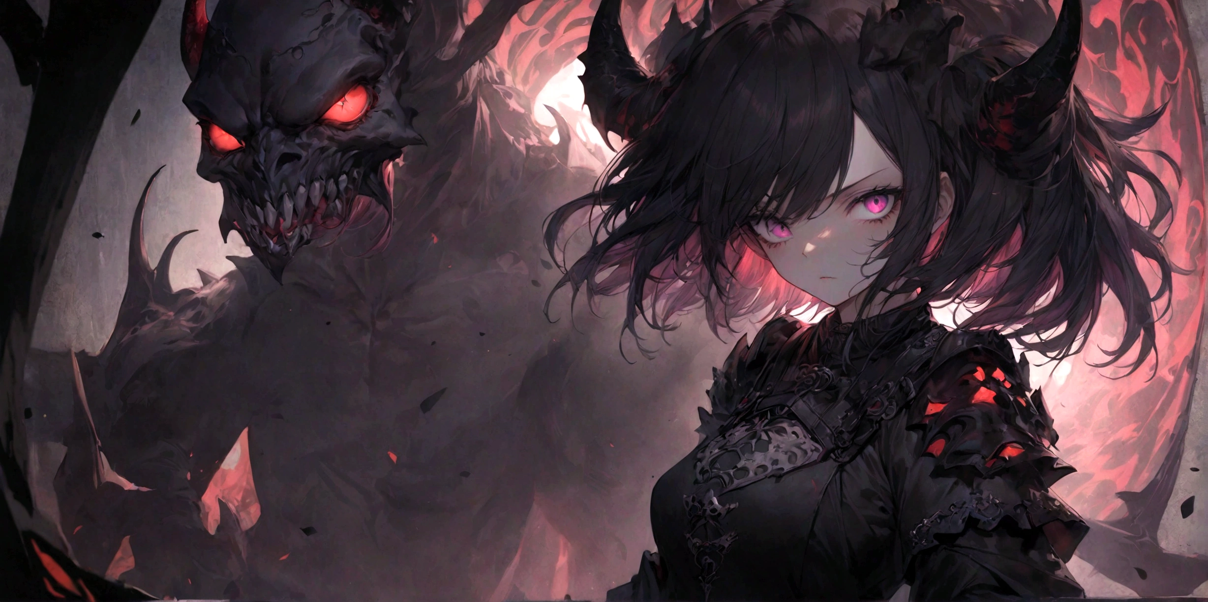 demon girl, close up, black heavy detailed clothes, art, dark and malevolent,armor, powerful and intimidating, (masterpiece, best quality, ultra-detailed, best shadow), (detailed background, dark fantasy) dramatic light, intricate details, dark and malevolent, powerful and intimidating, Dark and foreboding, malevolent force, sinister and chilling, armor, high detailed background, girl in demon slayer art, demon slayer art style, epic anime art, God pretty girl of death
