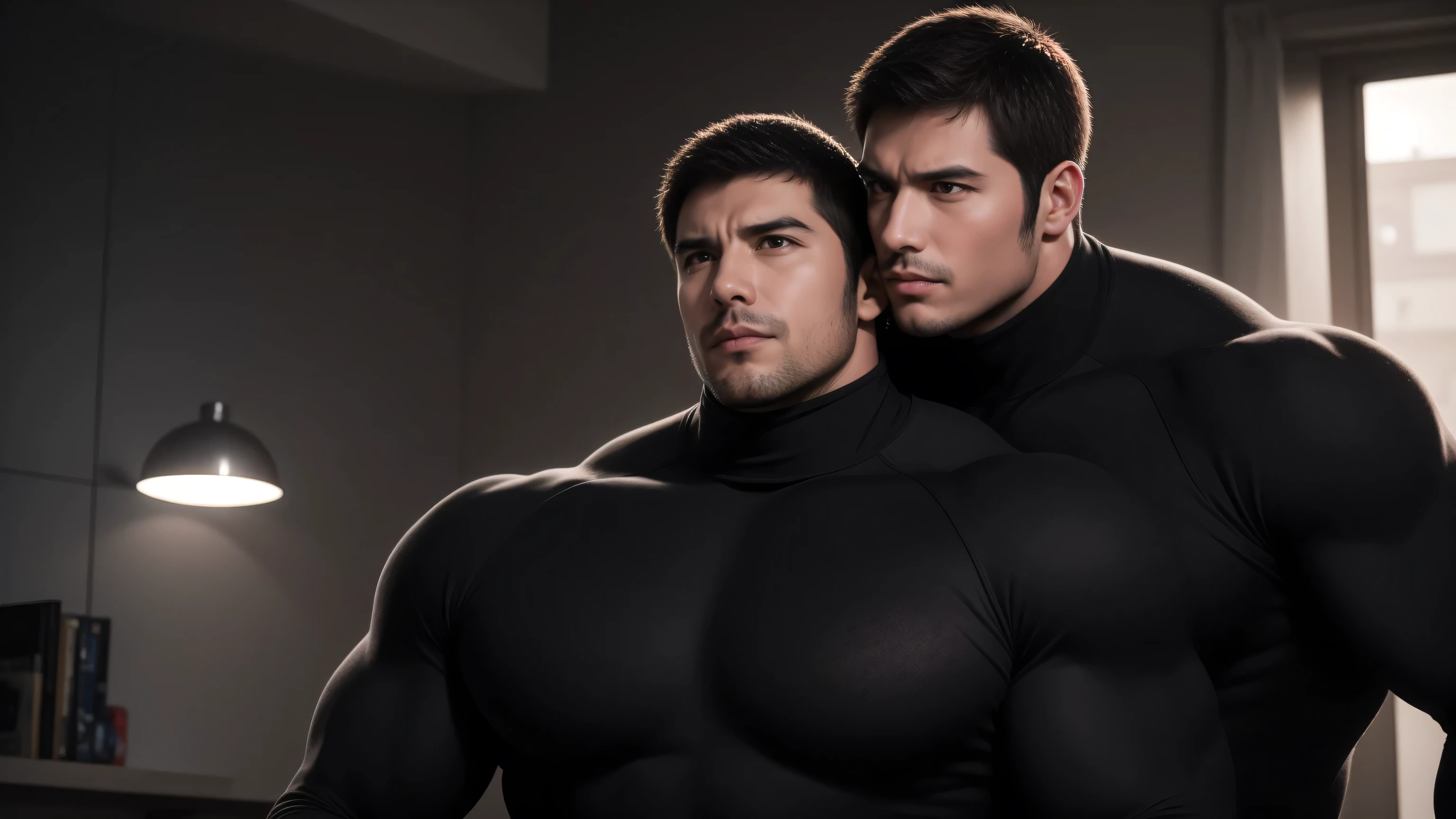 Super muscular man hugging, kissing and caressing,  Open your mouth and scream，Look at each other affectionately，They hugged each other affectionately，Buzz Cut，In a luxurious and noble mansion, Wear a dark khaki turtleneck with long sleeves, Thickened warm elastic texture，They look happy，Open your mouth，The expression is arrogant, Thick thighs, Messy hair, Thick thighs, Turtleneck Long Sleeve Dark Khaki Turtleneck Bodysuit, very tight, Regular symmetrical pattern, Highlight muscles, Police uniform pants, character concept（Resident Evil - Chris Redfield, Chris Redfield）A proud expression, Deep and charming eyes, Heroic male pose, tall Burly, muscular！muscular thighs, tough guy, perfect facial features, High, Burly, Heqiang, Super polished and cool, High Resolution Committee, Charismatic, The sun shines through the customers