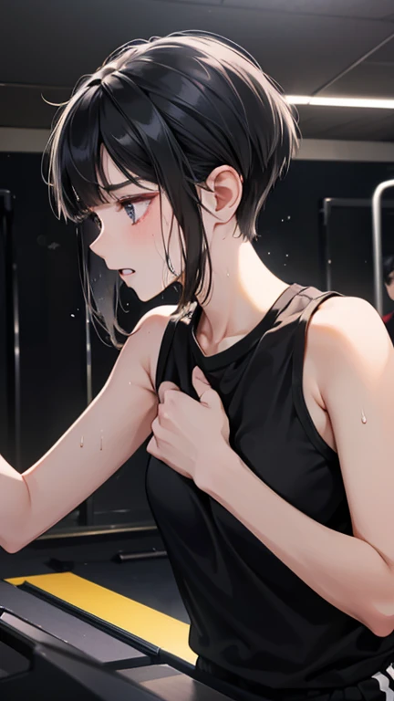 Bobcut、Black-haired 、Sweating at the gym、Desperate form、Sweaty、indoor、Many other guests、Wearing a jersey、No exposure、in motion、Grit your teeth、treadmill