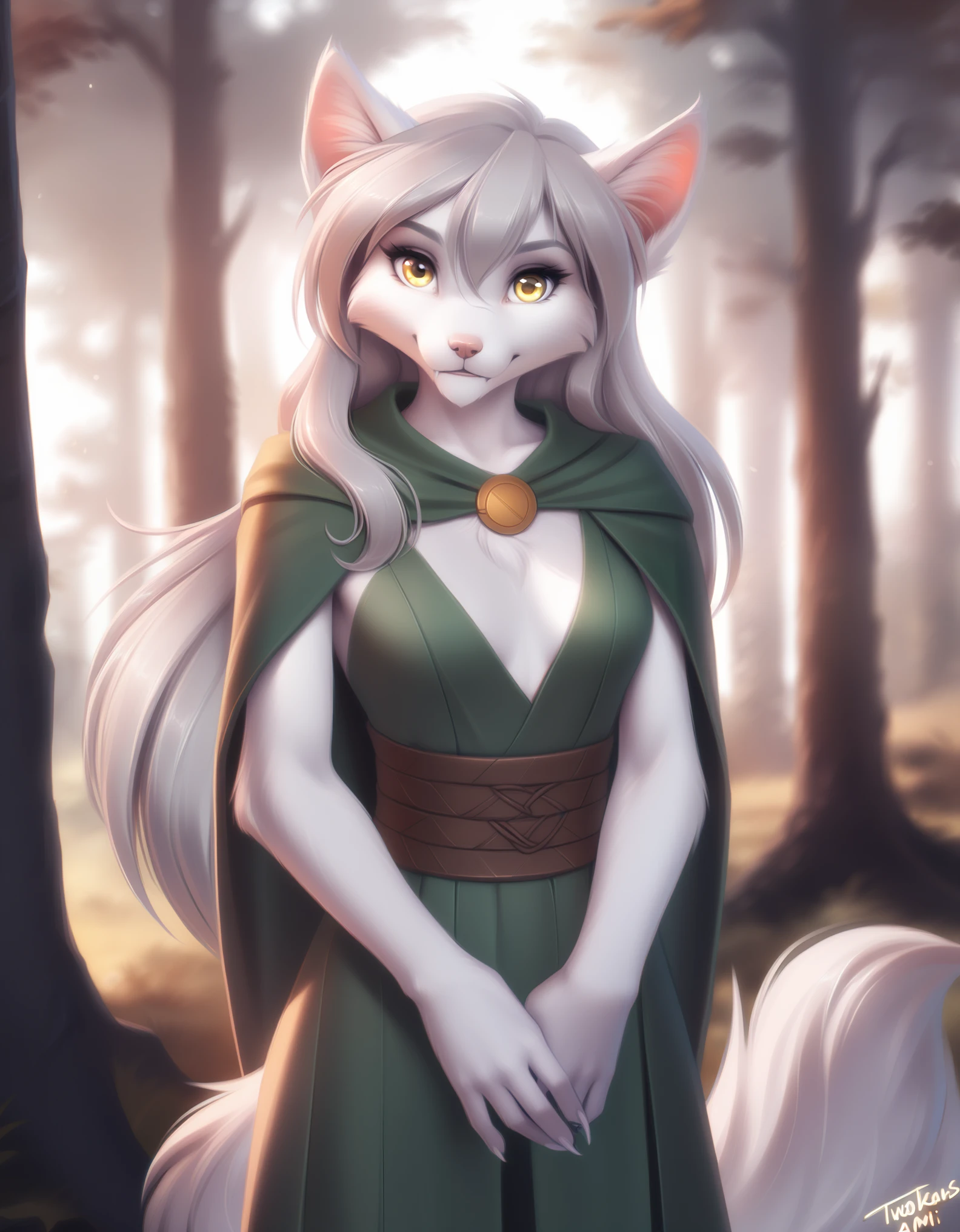 solo, female, tkraine, wolf, yellow eyes, silver hair, white fur, raine_silverlock, twokinds, , personalami, rating:safe, arm_tuft, breasts, by tom_fischbach,, (best quality, masterpiece:1), furry female anthro, female, 1girl, portrait, fingers, finger claws, looking at viewer, (outdoors dark forest trees blurry blurred background:1.1), green cape, pauldron, pelvic curtain, 