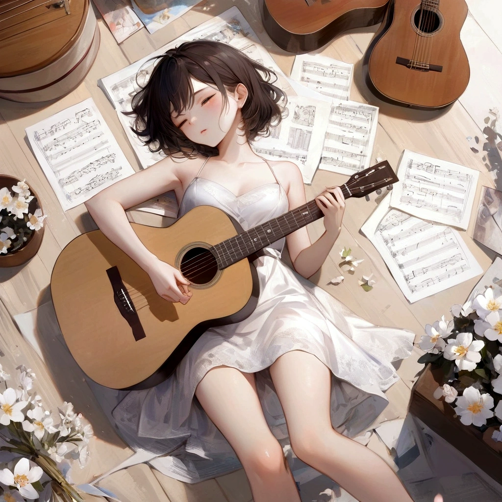 there is a woman laying on the ground with a guitar, artwork in the style of guweiz, guweiz masterpiece, guweiz, guweiz on pixiv artstation, nightcore, guweiz on artstation pixiv, detailed fanart, playing the guitar, smooth anime cg art, , beautiful anime, high quality fanart