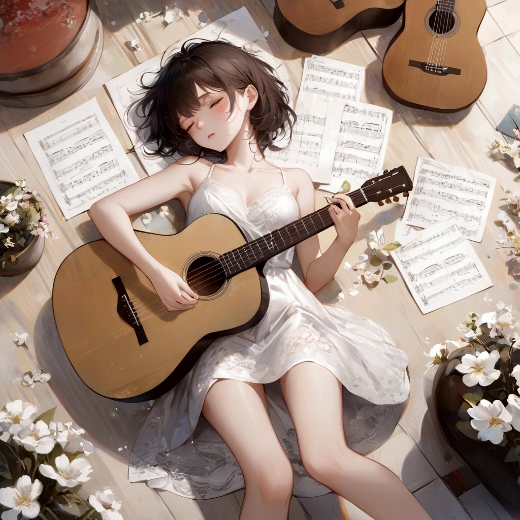 there is a woman laying on the ground with a guitar, artwork in the style of guweiz, guweiz masterpiece, guweiz, guweiz on pixiv artstation, nightcore, guweiz on artstation pixiv, detailed fanart, playing the guitar, smooth anime cg art, , beautiful anime, high quality fanart