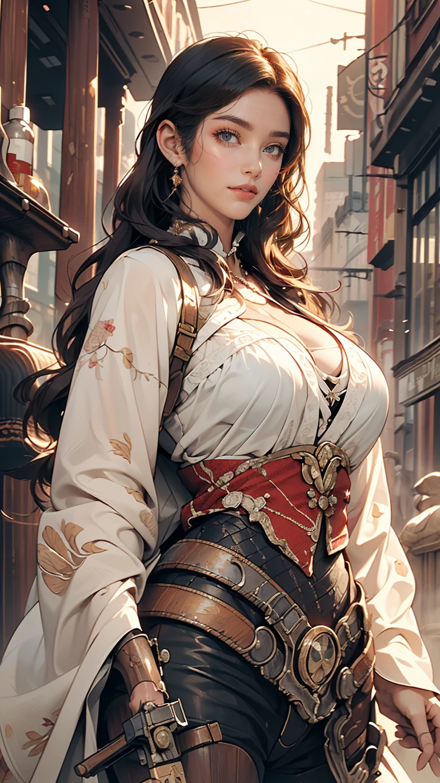 (8K, RAW photos, best quality, masterpiece:1.2), (realistic, photo-realistic:1.3)、26 year old Japanese woman、hair is gray、Eye color is dark blue, high definition face, the rich, long wavy hair、My chest sticks out、huge breasts, Sagging breasts due to gravity,amazing illustrative art,(A work of art depicted accurately down to every detail..:1.5),(wild west:1.8), (one female gunman:1.7),confident smile:1.5,beautiful, A well-groomed face:1.6, (slim body),Simple background description,