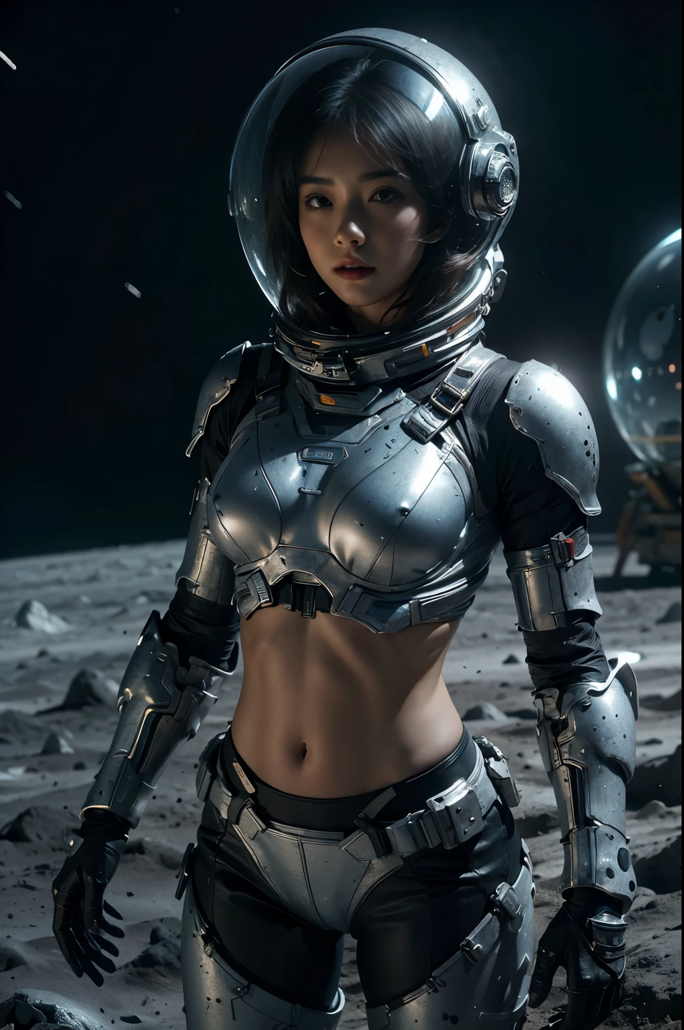 a girl in spacesuit, fully exposed midriff, bare waist,cowboy-shot, in outer space, desolate alien cold planet, My stomach is frozen，transparen space-helmet,Transparent full-face helmet ,((bikini top)),((metal Bikini armor)), sexy exposed midriff, full metallic armor, bare midriff and waist, open abdomen, fully exposed abdomen, cowboy-shot, realistic, photorealistic, high quality, 8k, extremely detailed, masterpiece, dynamic pose, dramatic lighting, cinematic, sci-fi, futuristic, vibrant colors