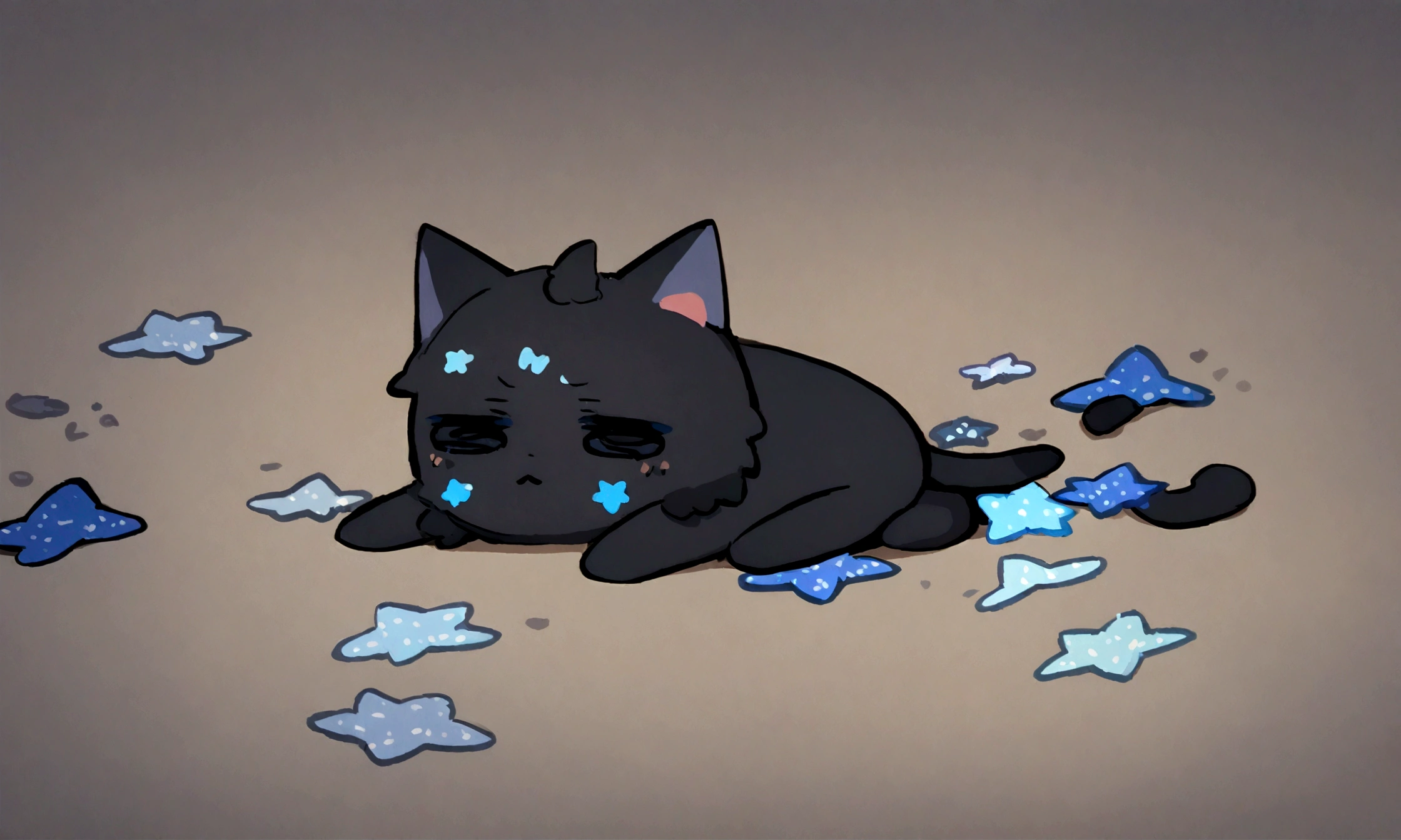 a very sad chibi black kitty with blue stars on its fur