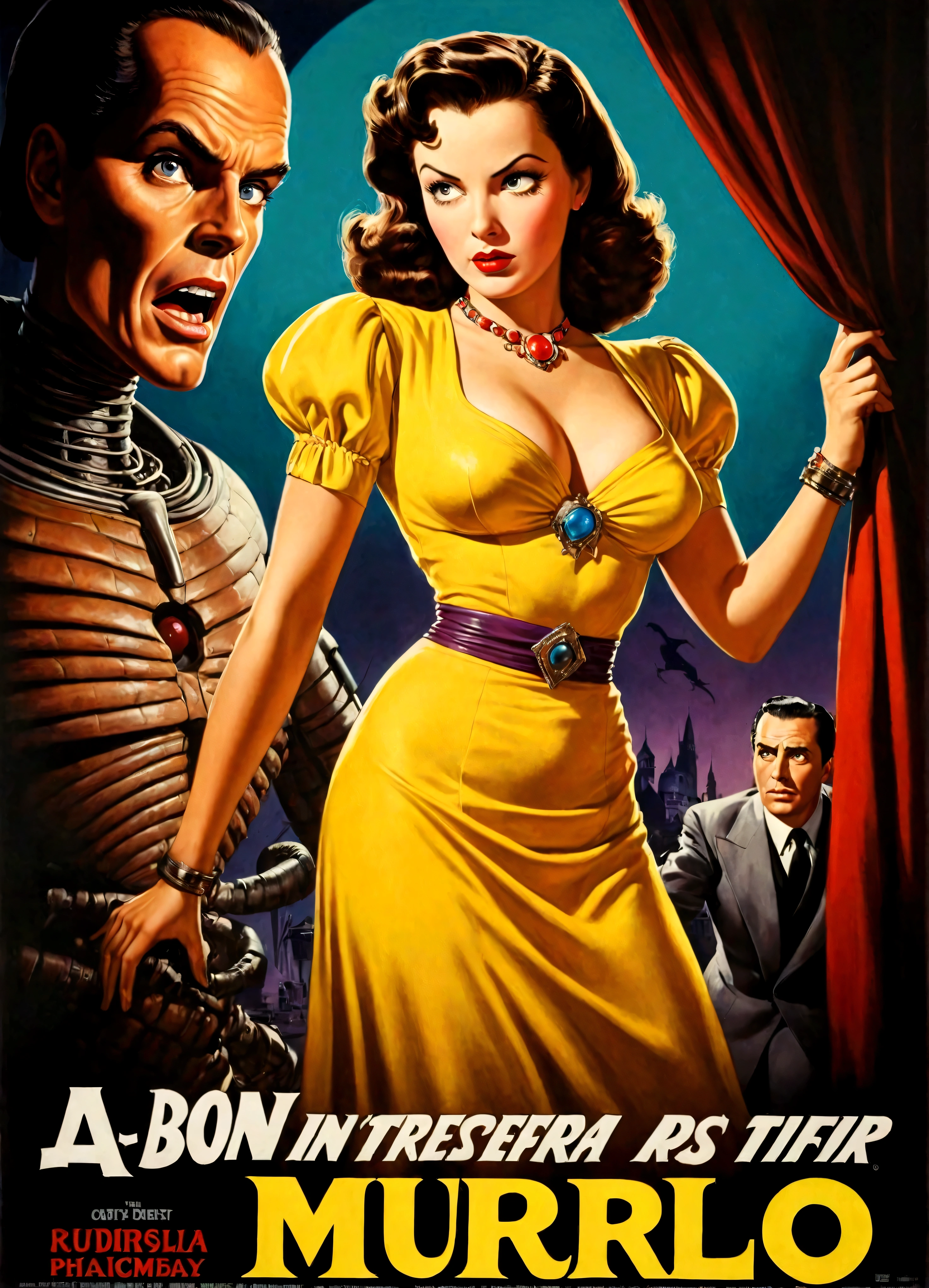 A buxom belle in a colorful retro outfit, recoiled in terror, 1940s movie poster, The Mummy, Dracula, Alien Robot, dramatic shadows, overly dramatic, dramatic lighting, cinematic, high contrast, moody atmosphere, film grain, vibrant colors, retro sci-fi, horror, pulp fiction, masterpiece, photorealistic, 8k, hyper detailed