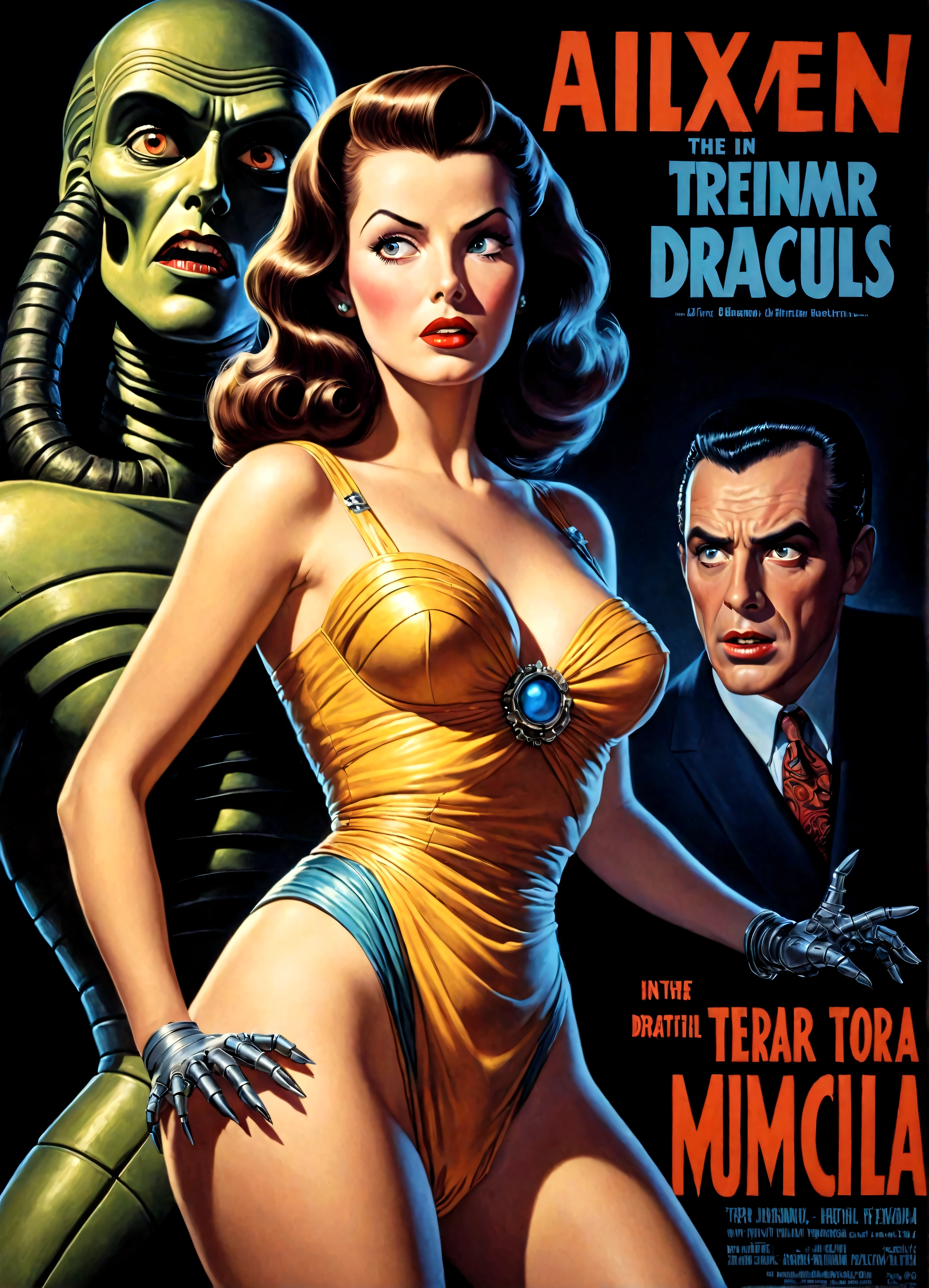 A buxom belle in a colorful retro outfit, recoiled in terror, 1940s movie poster, The Mummy, Dracula, Alien Robot, dramatic shadows, overly dramatic, dramatic lighting, cinematic, high contrast, moody atmosphere, film grain, vibrant colors, retro sci-fi, horror, pulp fiction, masterpiece, photorealistic, 8k, hyper detailed