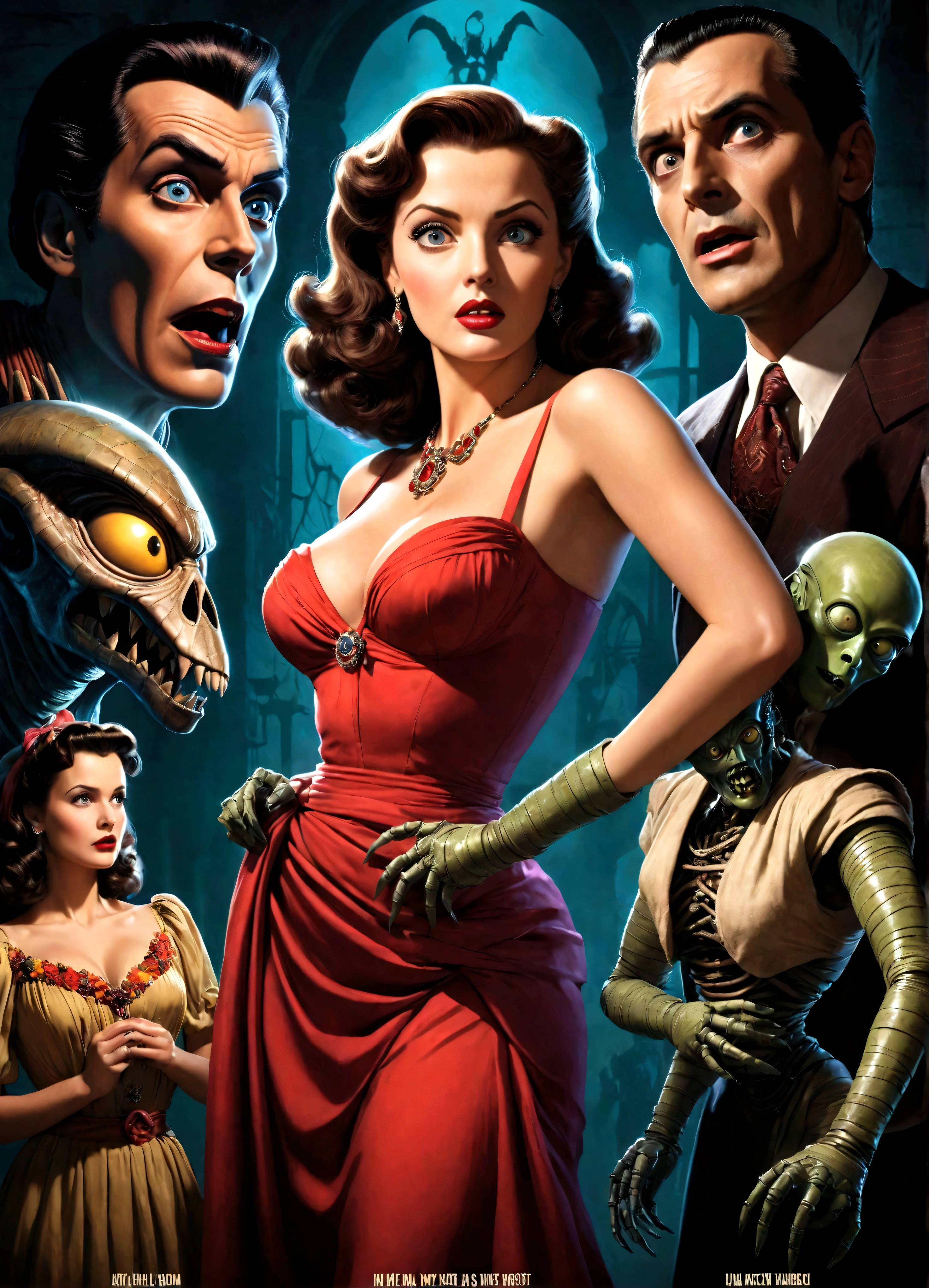 A 40s style movie poster, a buxom belle with a colorful retro outfit is recoiled in terror as The Mummy, Dracula, and an Alien Robot close in on her, dramatic shadows, overly dramatic
