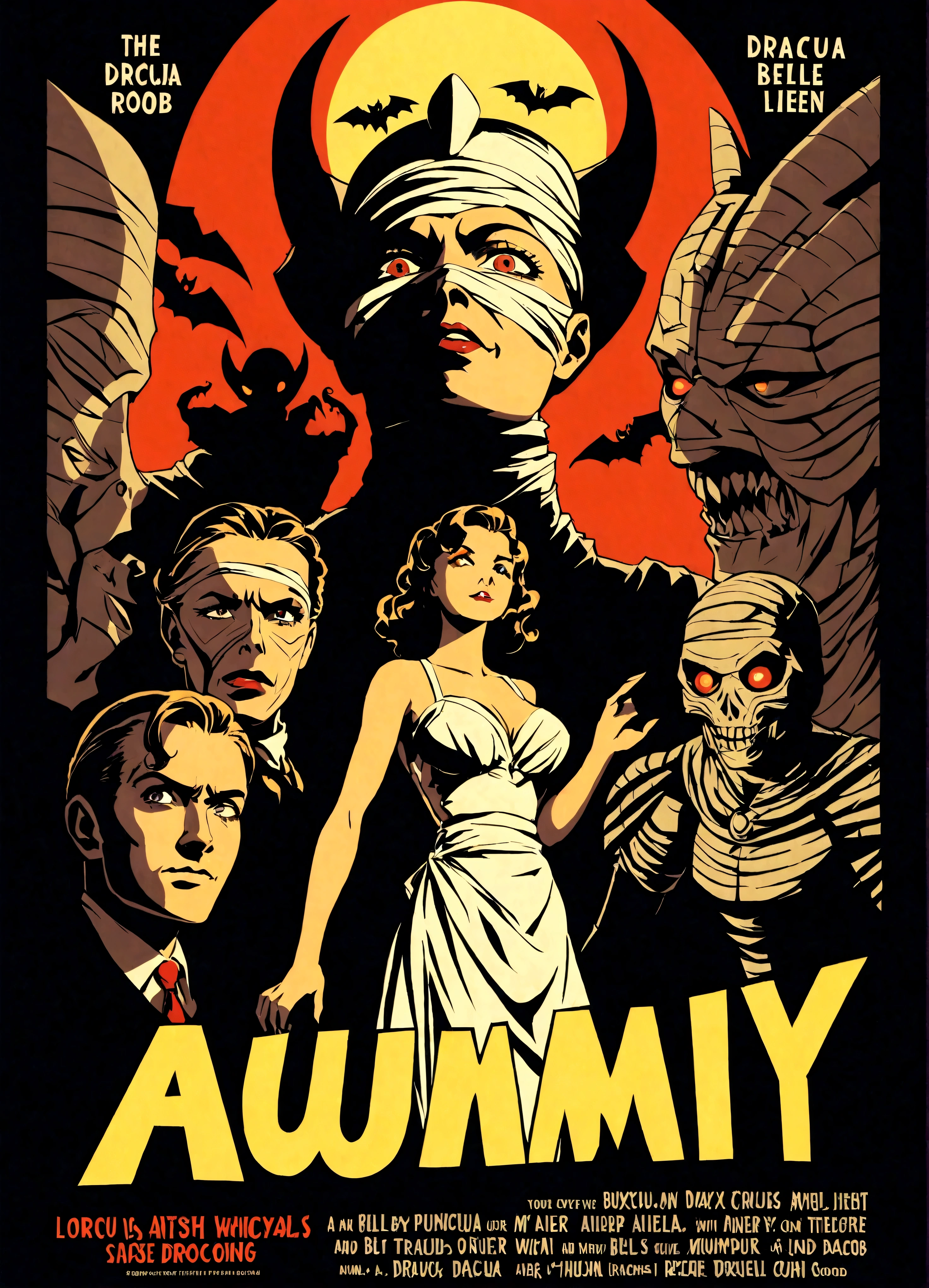 A 40s style movie poster, a buxom belle with a colorful retro outfit is recoiled in terror as The Mummy, Dracula, and an Alien Robot close in on her, dramatic shadows, overly dramatic
