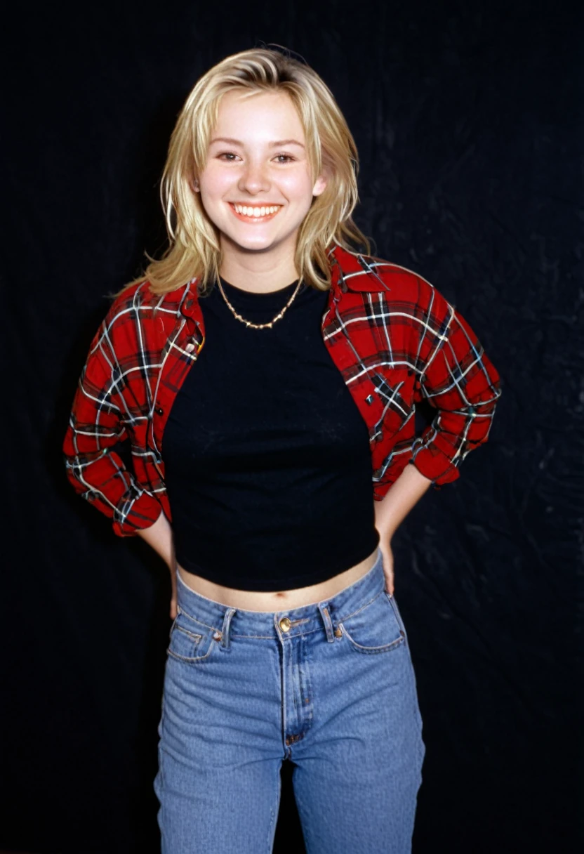 blonde twenty-five year old woman, red flannel shirt over a black tee, jeans, smiling, photorealistic, 1996, 90s, plump figure, 1990s, studio portrait, blank flat background
