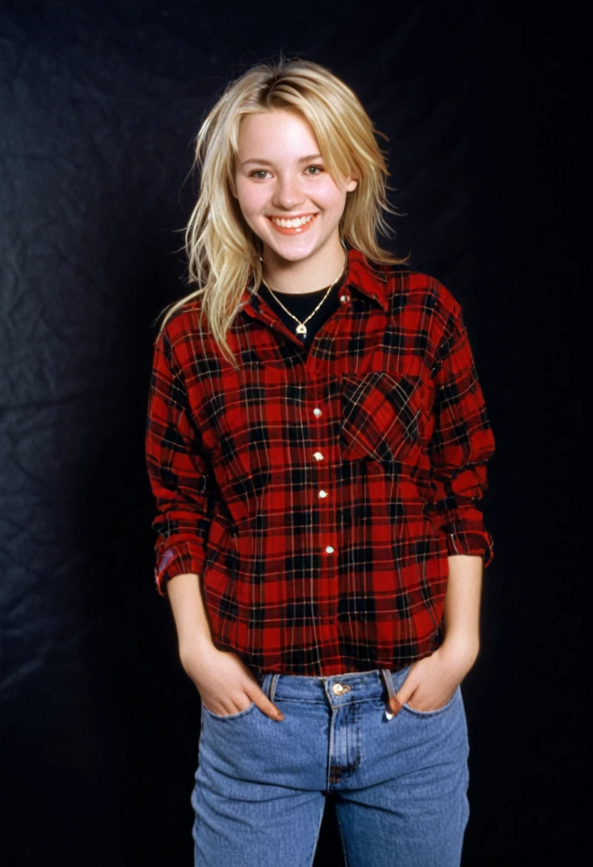 blonde twenty-five year old woman, red flannel shirt over a black tee, jeans, smiling, photorealistic, 1996, 90s, plump figure, 1990s, studio portrait, blank flat background