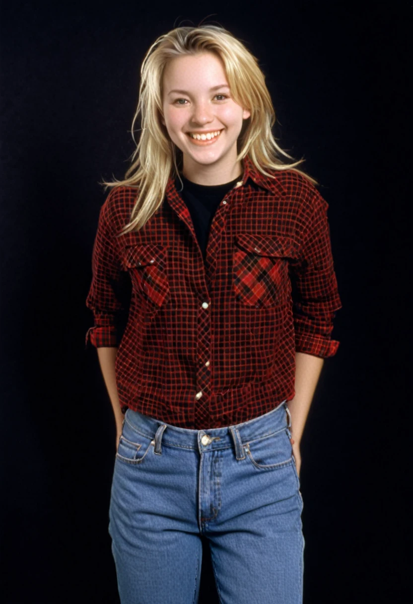 blonde twenty-five year old woman, red flannel shirt over a black tee, jeans, smiling, photorealistic, 1996, 90s, plump figure, 1990s, studio portrait, blank flat background