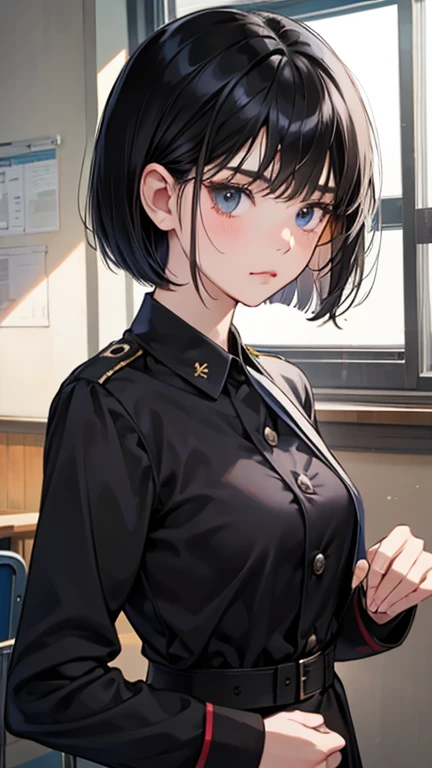 Bobcut、Black-haired 、In uniform、School classroom、Talking to someone、Pouting、classmate、Daytime、