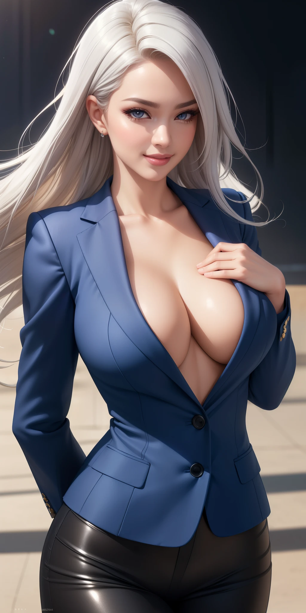 masterpiece, best quality, ultra-detailed, high contrast, realistic,(1woman),beautiful detailed eyes, looking at viewer,muscle thighs, tattoo, chest tattoo,( thigh tattoo, 1.1), sternum tattoo, White hair, bob cut Hair. CEO, professional, blue blazer, women’s suit jacket, professional skirt, glasses, secretary, office building, flirty, back arched, Rolex, Cartier, wealthy, jewelry, boss