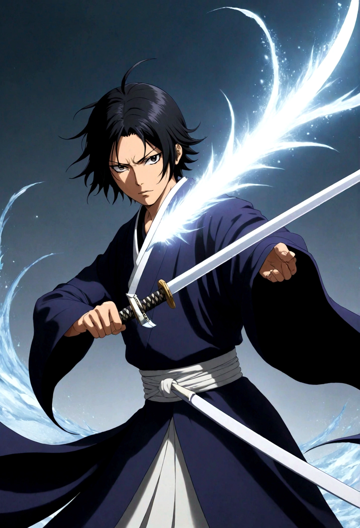 Rukia Kuchiki is a young woman with a graceful and dignified appearance., reflecting his noble origin and his inner strength. Ela possui cabelo preto curto, que cai suavemente ao redor de seu rosto, accentuating your delicate and feminine features. His eyes are large and a deep violet hue., conveying a feeling of calm and determination. Rukia is short and slender., but his physique hides surprising strength. Your posture is always elegant and composed, reflecting his background as a member of the Kuchiki noble family. Quando em combate, Rukia veste o tradicional uniforme de Shinigami, o "Shihakushō", que consiste em um quimono preto simples com uma faixa branca na cintura. No entanto, ao liberar sua Bankai, conhecida como "Hakka no Togame", your appearance transforms dramatically. Description of Bankai "Hakka no Togame": Ao ativar sua Bankai de gelo, Rukia is enveloped in an aura of pure, ethereal ice. Her black kimono is replaced by a snow-white garment., that shines with an icy luminosity. The new costume is elegant and fluid, consisting of a long white kimono with intricate ice details that stretch like crystalline patterns across the fabric. Seus cabelos negros se tornam brancos como a neve, e a aura fria ao seu redor faz com que pequenos flocos de neve dancem no ar ao seu redor. His Zanpakutō also transforms, becoming a sheet of transparent ice, irradiando uma beleza fria e letal. O rosto de Rukia, embora ainda gracioso, displays cold, relentless determination. Seus olhos violeta brilham com uma luz gelada, refletindo o poder absoluto de sua Bankai. To capture the essence of Rukia Kuchiki in her ice Bankai form, Highlight your costume transformation, the ethereal beauty of your ice blade, e a aura fria e majestosa que a envolve. Combining his noble appearance with the brutal strength of his ice will create a visually stunning and powerful image..