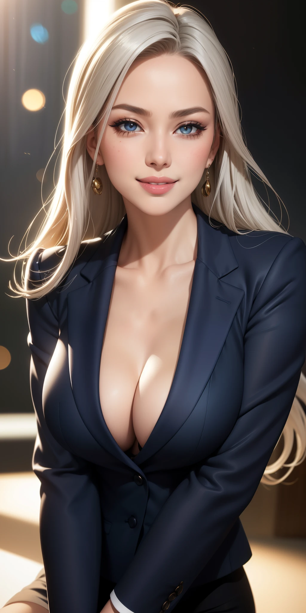 Medium round breasts, playful expression, elegant makeup, business jacket, silver hair flowing in the wind, attractive eyes, glossy lips, (best quality, ultra-detailed, photorealistic: 1.37), bright and vibrant colors, studio lighting, sexy pose , smiling confidently and seductively, posing for a professional photoshoot, shallow depth of field, highlighting the main subject, soft natural lighting, creating a dreamy and magical atmosphere.