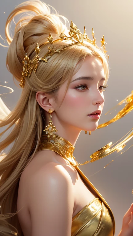 a digital painting of a beautiful Greek goddess in white robe dress and smoke gold floats around, a hyperrealistic painting, figurative art, in gold paint, gold smoke, character is smoke gold floats around, fantasy art ,elegance pose, medium closeup shot, lighting clear and soft effect , white background